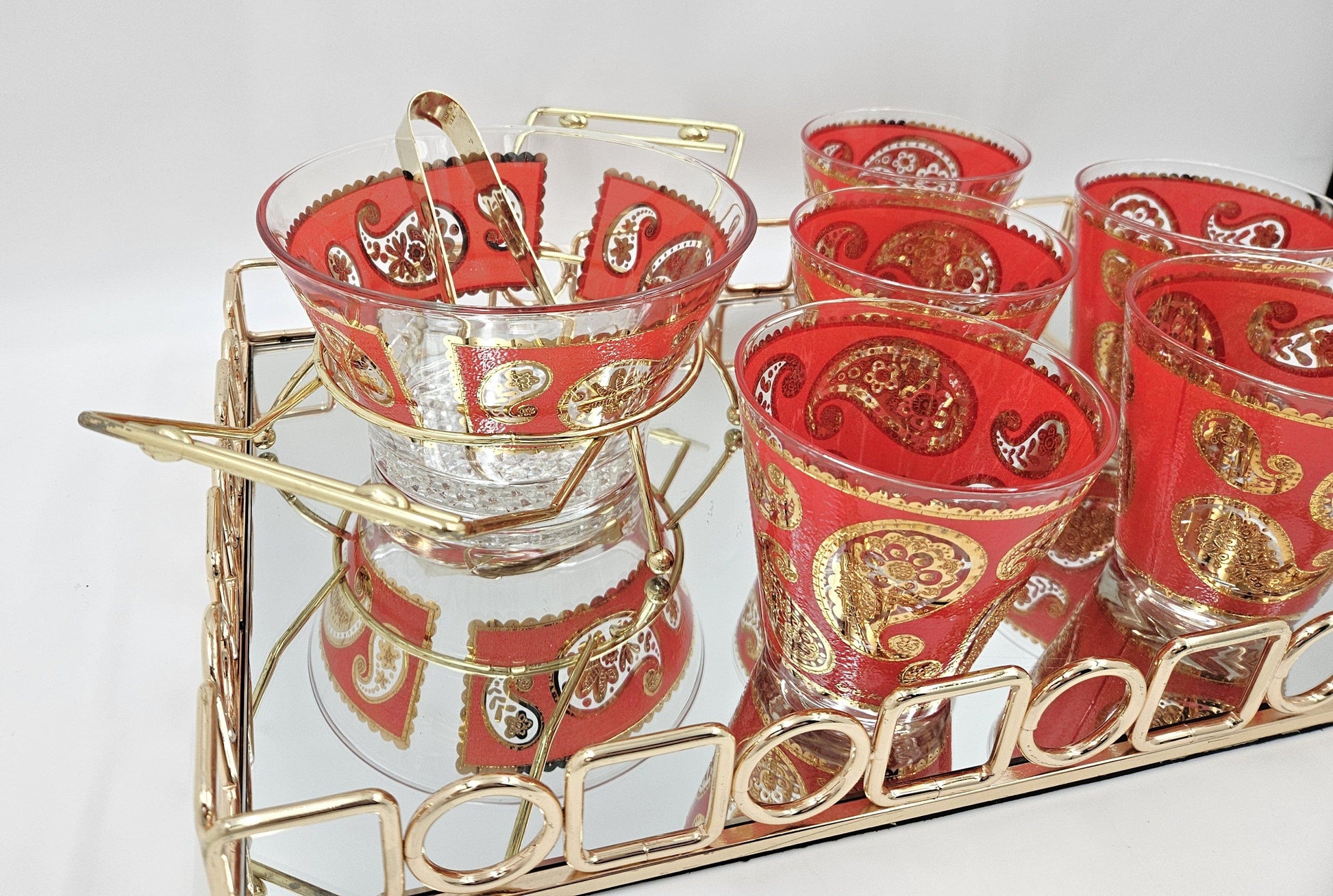 Culver Serveware Culver Red Paisley 22k Gold Glasses Ice Bucket Caddy Tray Set 1960s