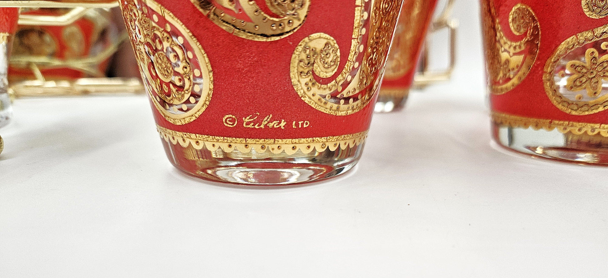 Culver Serveware Culver Red Paisley 22k Gold Glasses Ice Bucket Caddy Tray Set 1960s