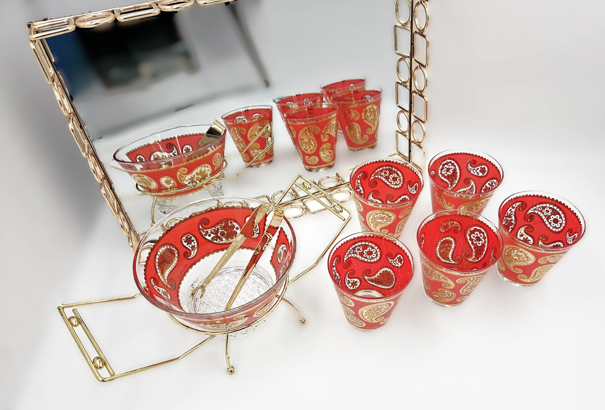 Culver Serveware Culver Red Paisley 22k Gold Glasses Ice Bucket Caddy Tray Set 1960s