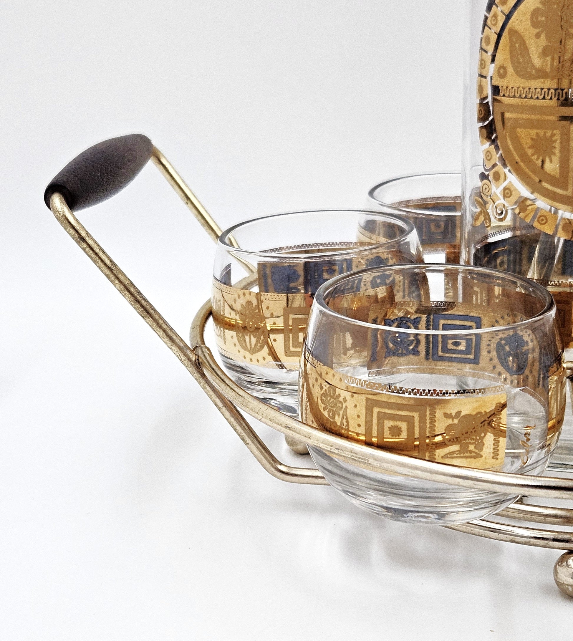 Culver Serveware Superb Culver Coronet 22k Gold Lt. Blue Martini Pitcher Glasses Caddy Set 1960s