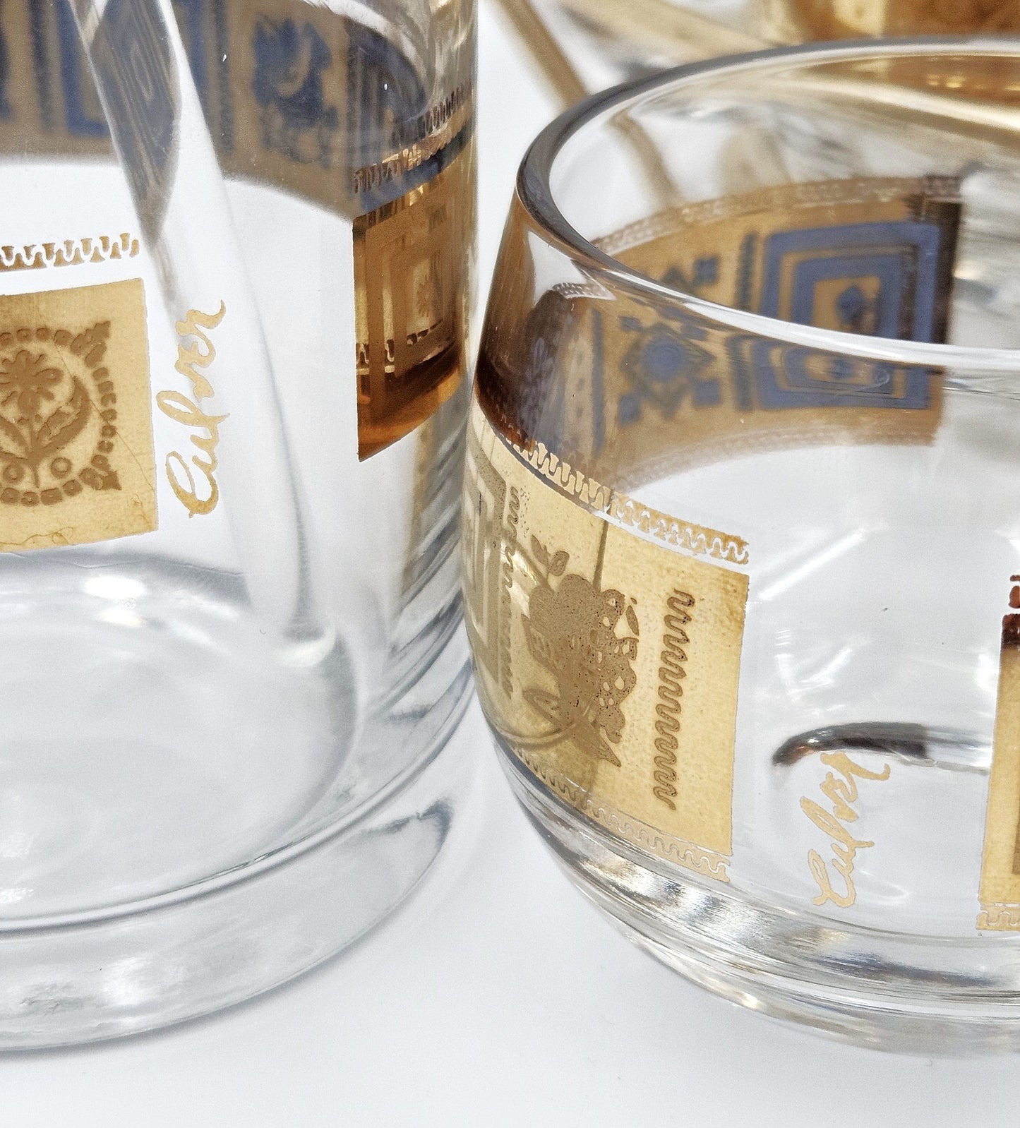 Culver Serveware Superb Culver Coronet 22k Gold Lt. Blue Martini Pitcher Glasses Caddy Set 1960s