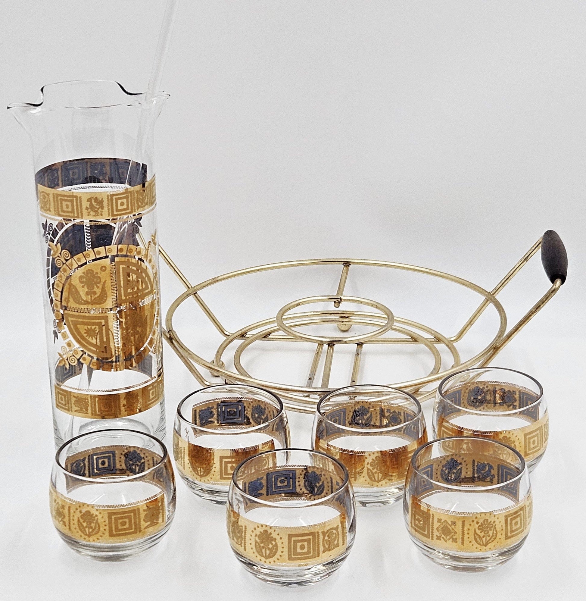 Culver Serveware Superb Culver Coronet 22k Gold Lt. Blue Martini Pitcher Glasses Caddy Set 1960s