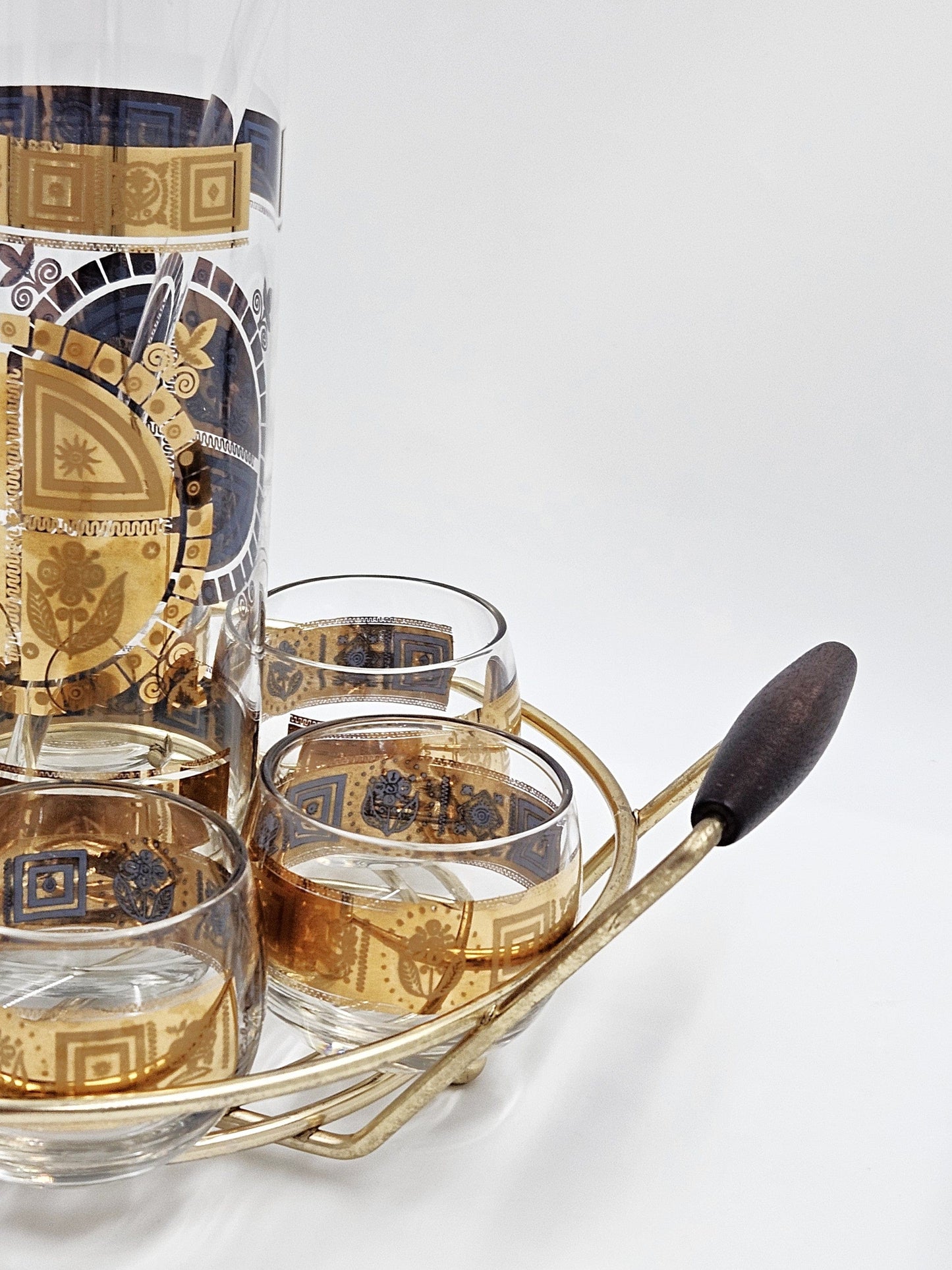 Culver Serveware Superb Culver Coronet 22k Gold Lt. Blue Martini Pitcher Glasses Caddy Set 1960s