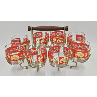 Culver Serveware Superb Culver Red Paisley 22k Gold XL Roly Poly Glasses Caddy Set Circa 1960s