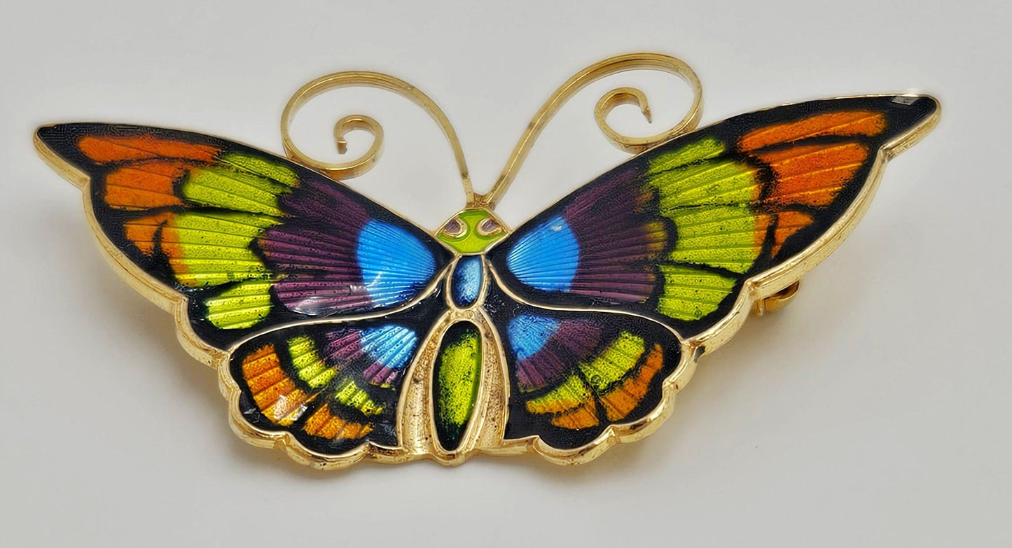 David Andersen Jewelry David Andersen Norway Gilt Sterling Multi-Color Enamel Butterfly Brooch 1940s
