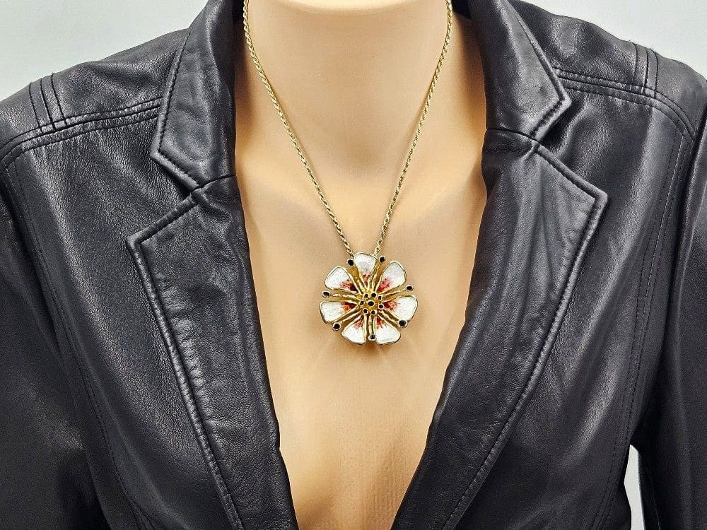 David Andersen Jewelry David Andersen Sterling Enamel 3D Tropical Flower Pendant Necklace C. 1960s