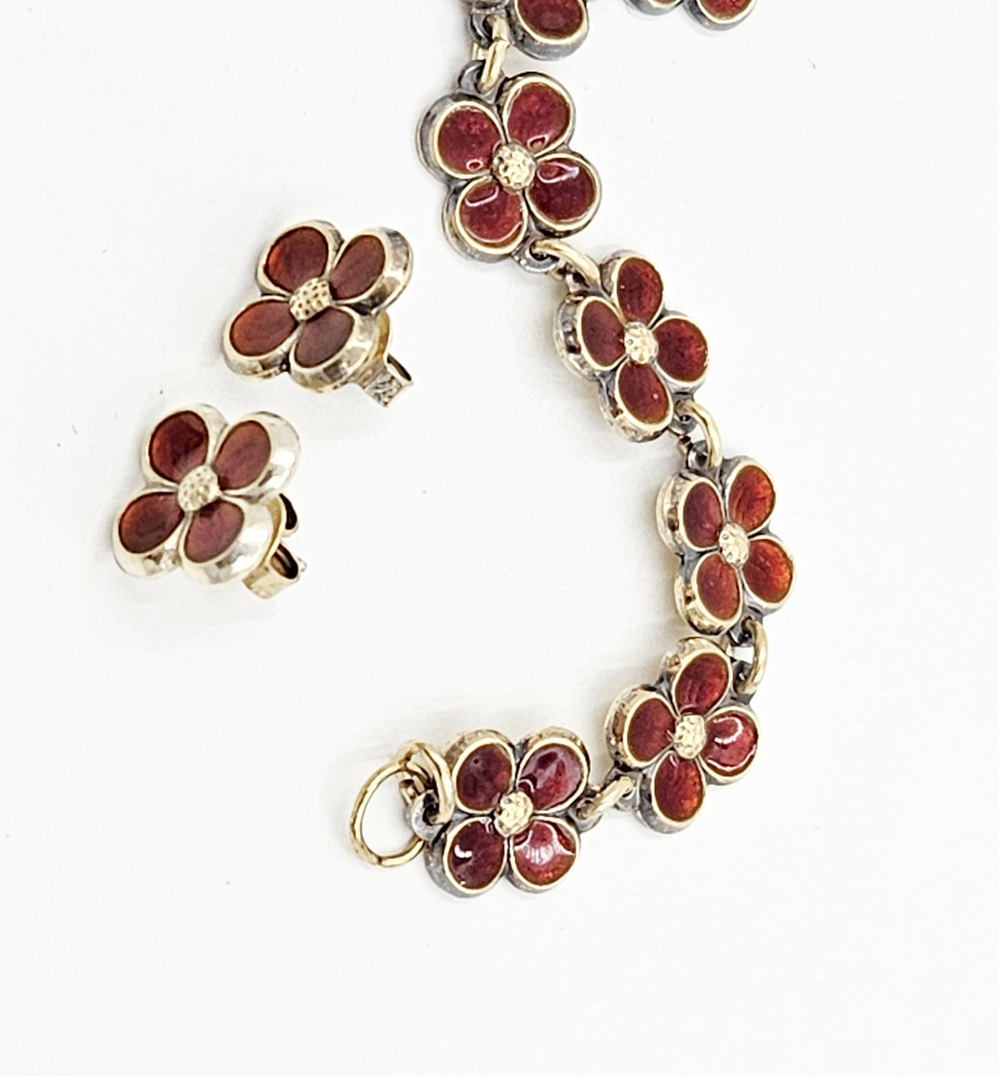 David Andersen Jewelry David Andersen Sterling Enamel Flower Bracelet Earrings Set 1950's