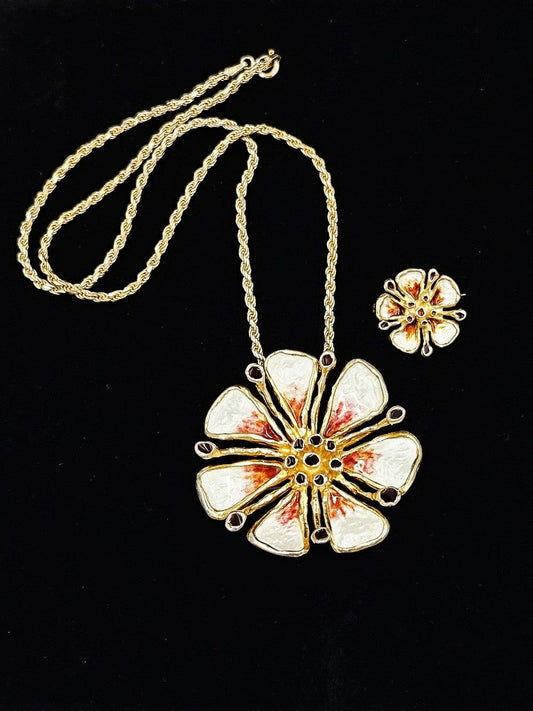David Andersen Jewelry Otteren David Andersen Sterling Enamel HUGE Flower Necklace & Pin SET 1960s