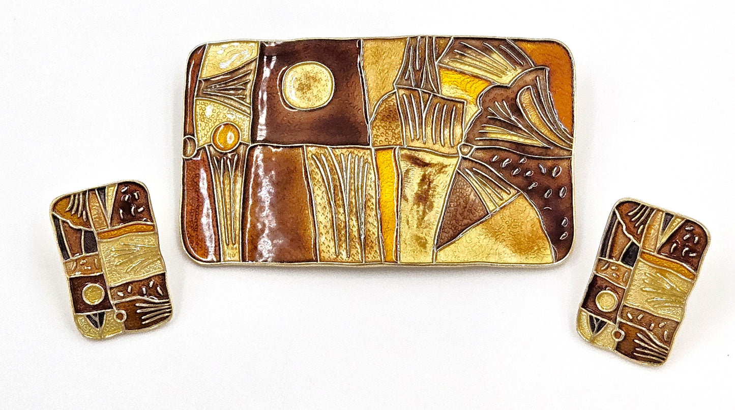 David Andersen Jewelry RARE David Andersen 925 Enamel Autumn 4 Seasons Brooch Earrings Set 1959