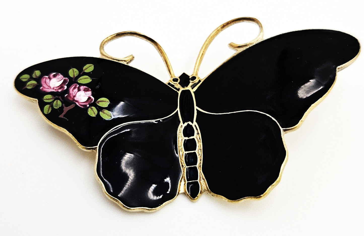 David Andersen Jewelry RARE David Andersen Gilt 925 Black w/Flowers Enamel Butterfly Brooch 1940s