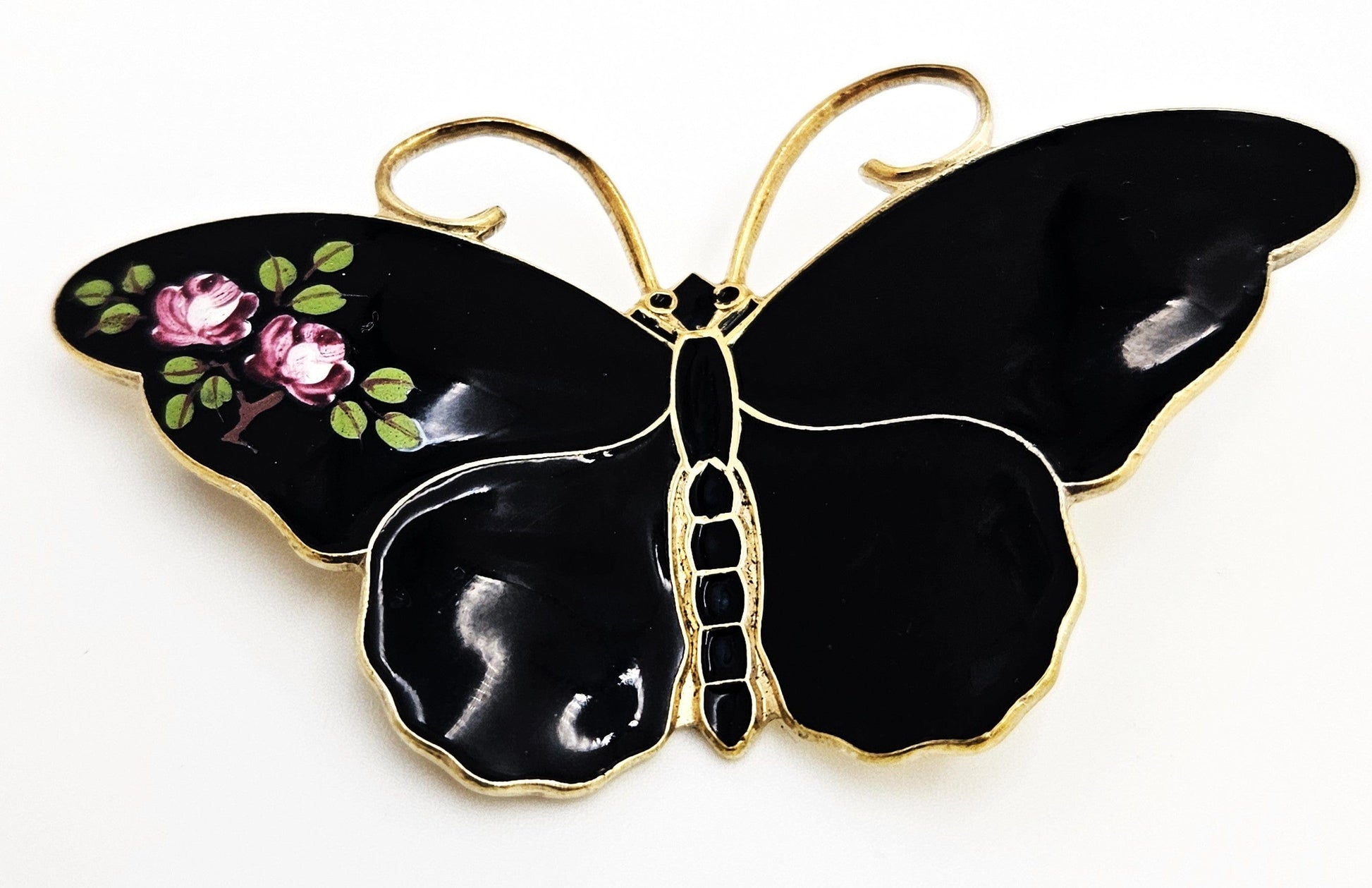 David Andersen Jewelry RARE David Andersen Gilt 925 Black w/Flowers Enamel Butterfly Brooch 1940s