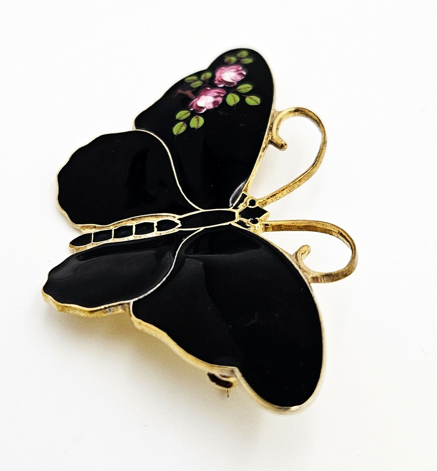David Andersen Jewelry RARE David Andersen Gilt 925 Black w/Flowers Enamel Butterfly Brooch 1940s