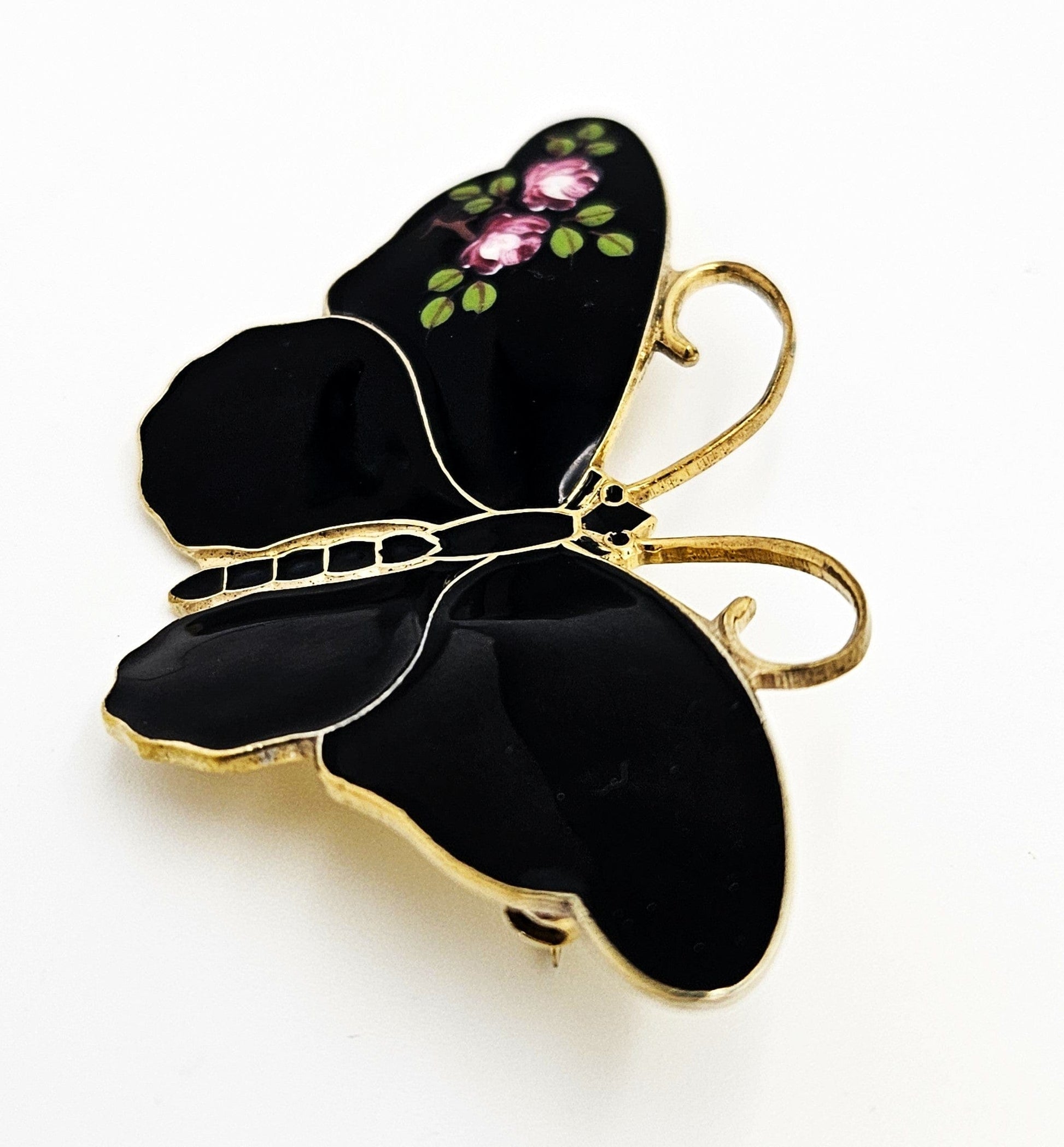 David Andersen Jewelry RARE David Andersen Gilt 925 Black w/Flowers Enamel Butterfly Brooch 1940s