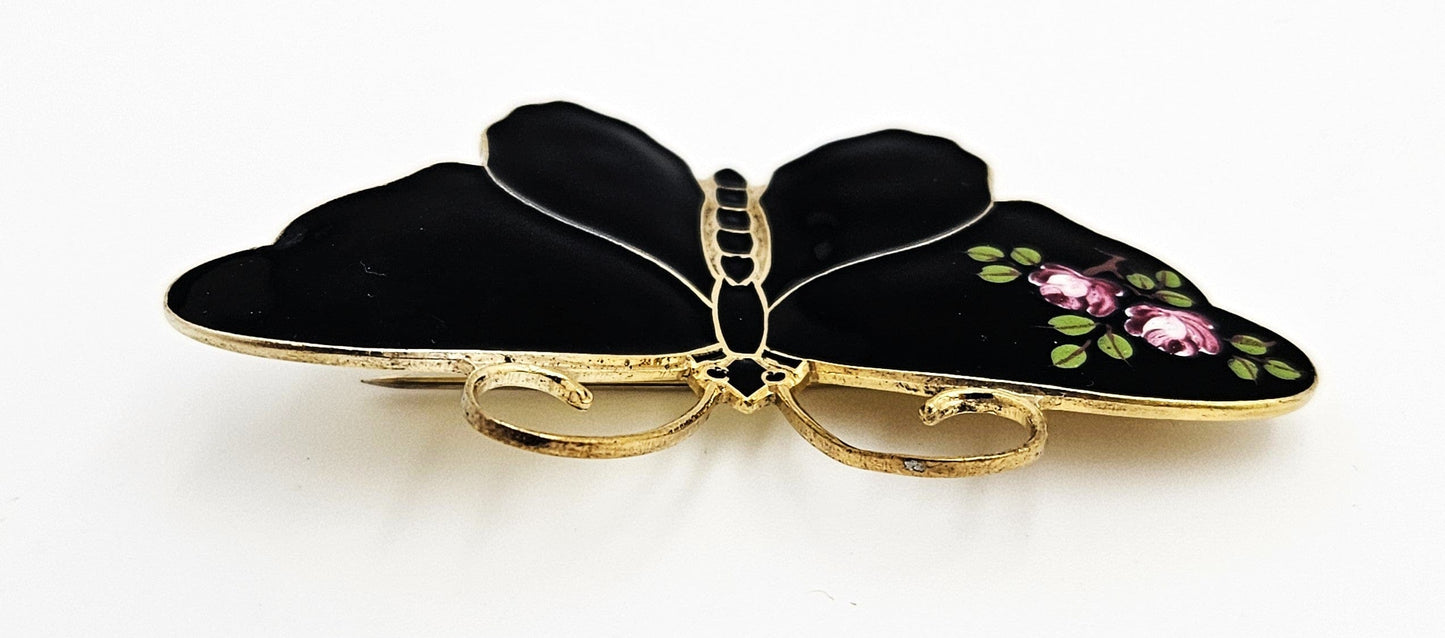 David Andersen Jewelry RARE David Andersen Gilt 925 Black w/Flowers Enamel Butterfly Brooch 1940s
