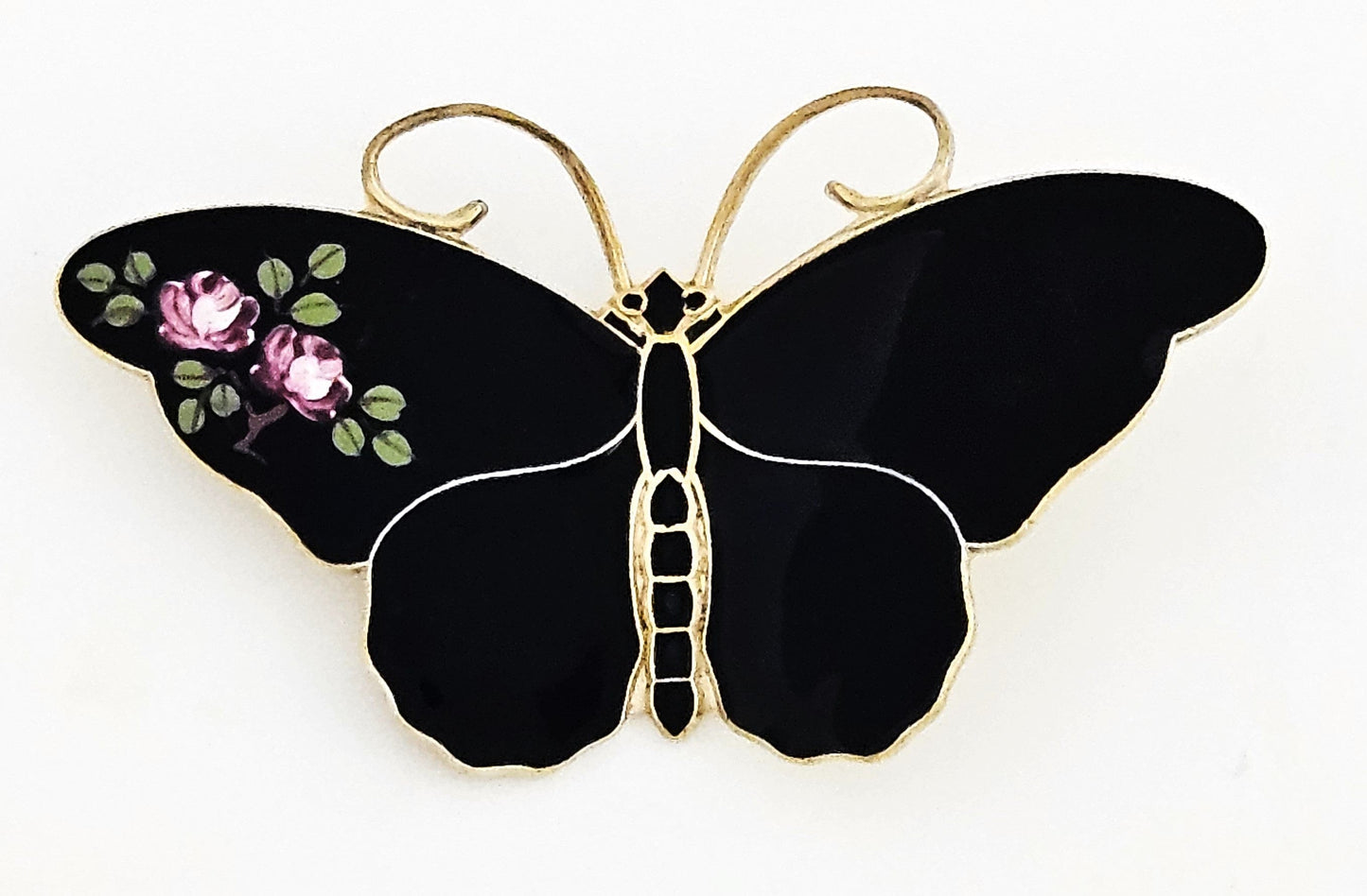 David Andersen Jewelry RARE David Andersen Gilt 925 Black w/Flowers Enamel Butterfly Brooch 1940s