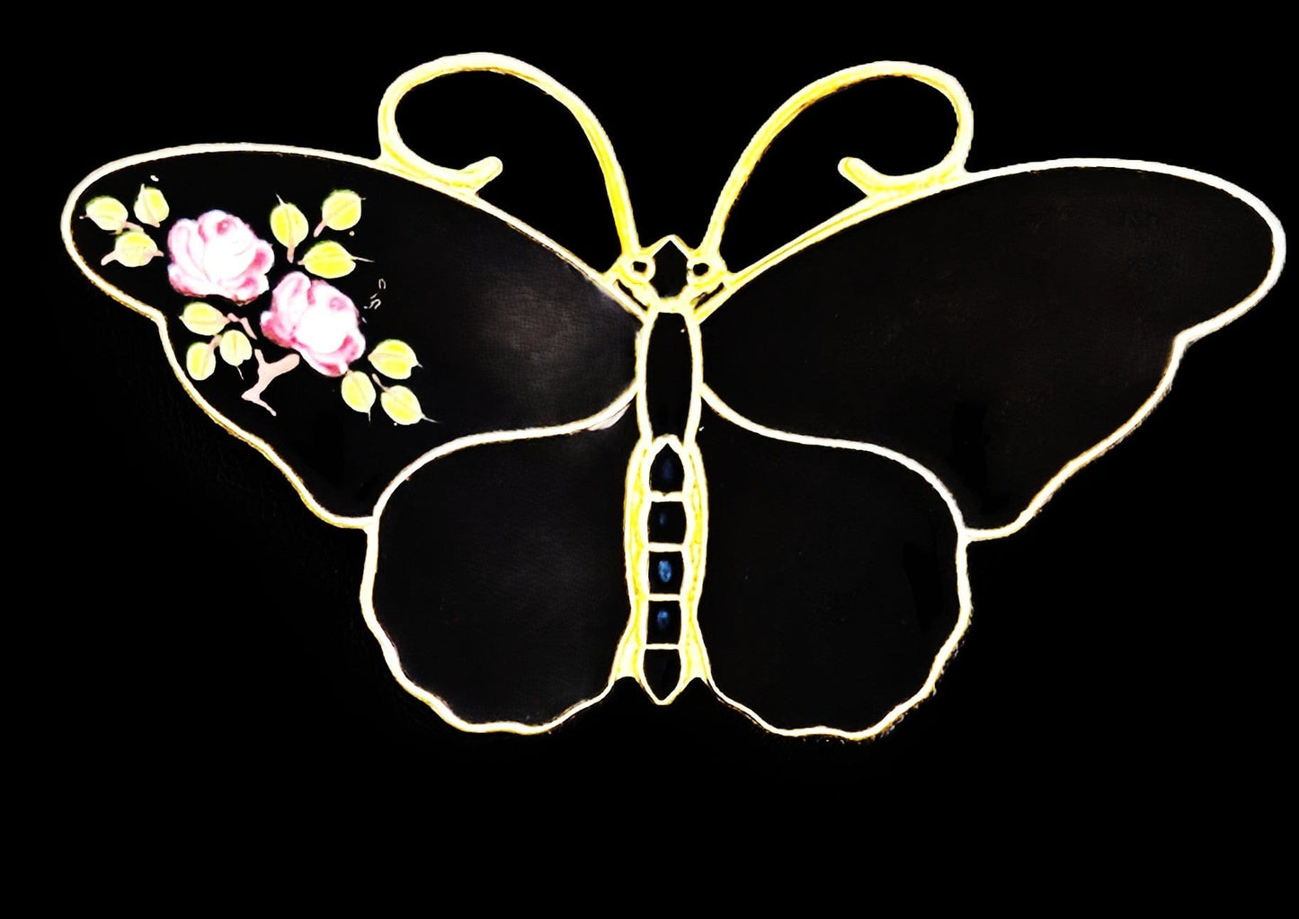 David Andersen Jewelry RARE David Andersen Gilt 925 Black w/Flowers Enamel Butterfly Brooch 1940s