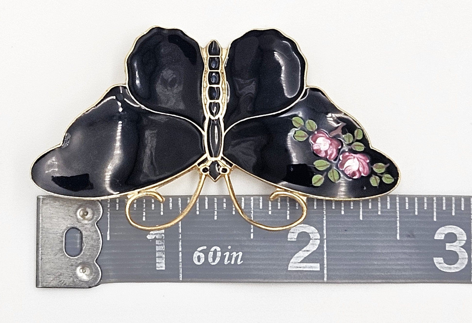 David Andersen Jewelry RARE David Andersen Gilt 925 Black w/Flowers Enamel Butterfly Brooch 1940s