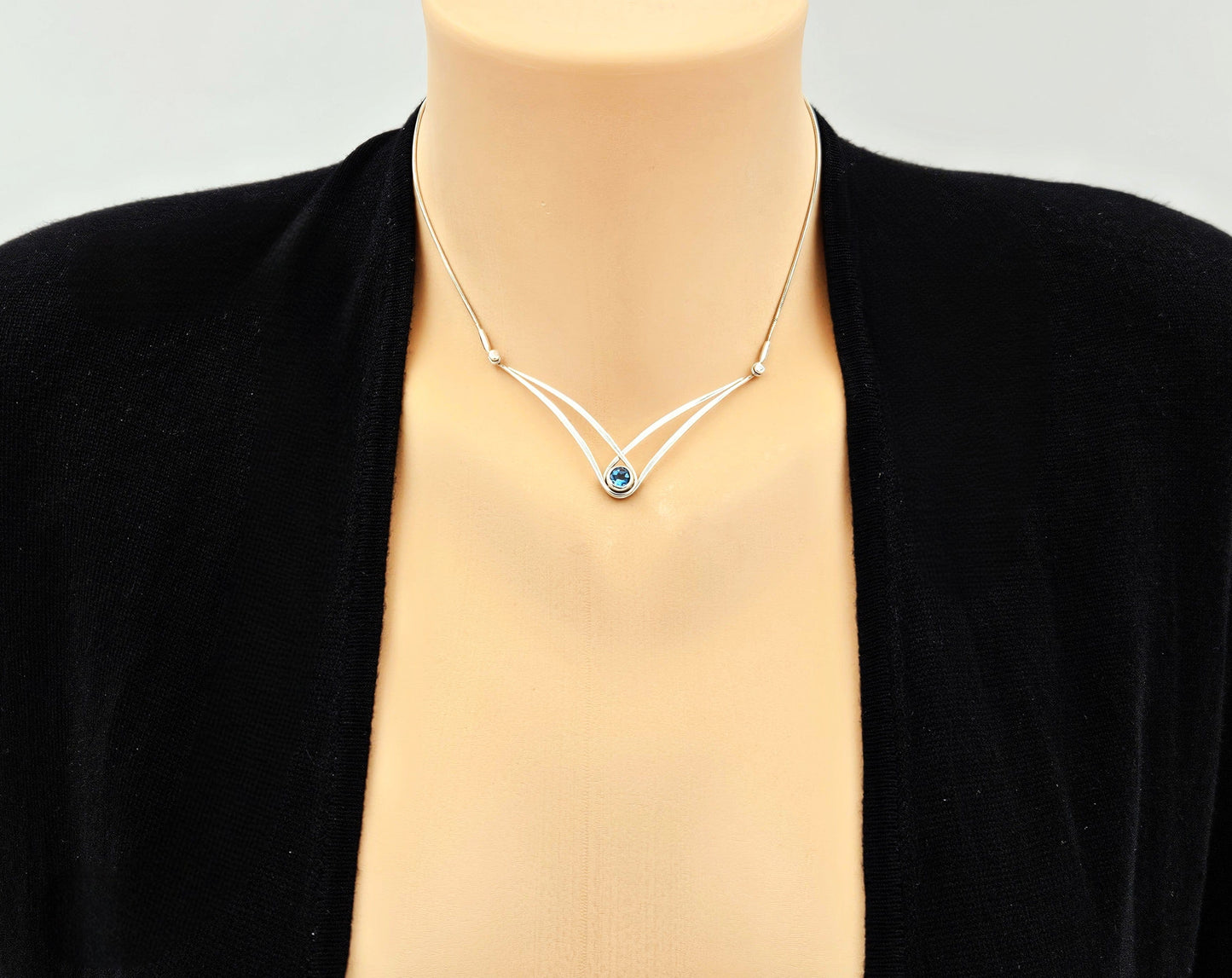 Ed Levin Jewelry Retired Ed Levin Modernist Articulating Sterling & Blue Topaz Y Necklace 1980s