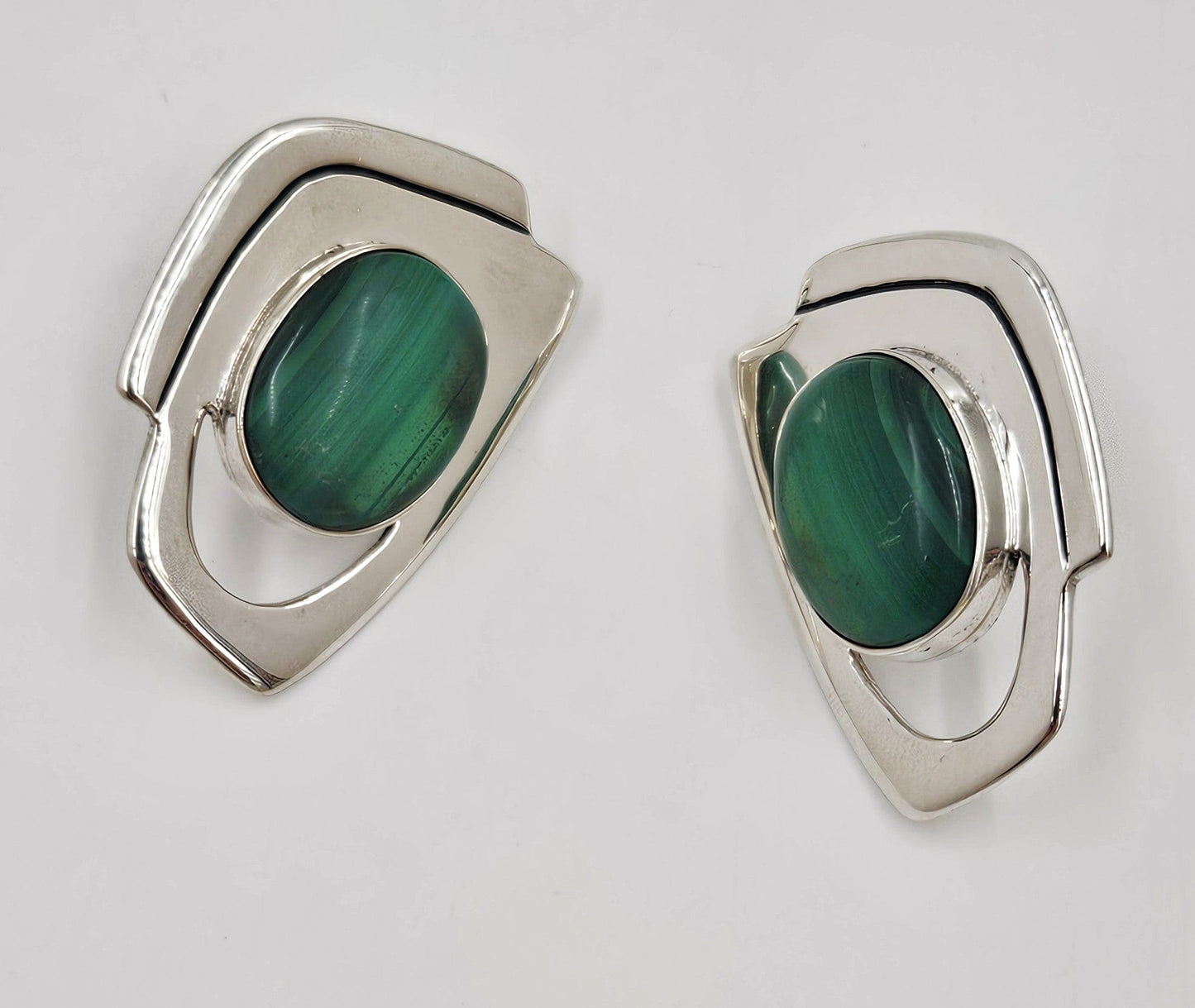 Erika Hult de Corral "Ric" Jewelry Erika Hult de Corral "Ric" Taxco Sterling Malachite Modernist Earrings 1980s