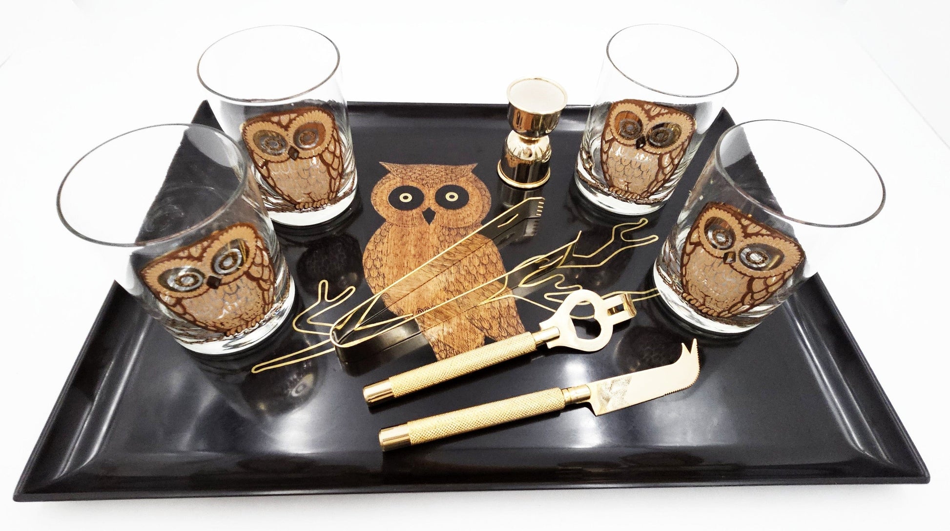 Georges Briard Serveware Georges Briard 22k Gold DOF Owl Glassware Set w/ Couroc Owl Tray Circa 1960's