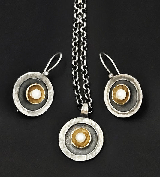 Golan Goldex Jewelry Sterling 14k Pearl Modernist Necklace & Earrings Set by Golan Goldex of Israel