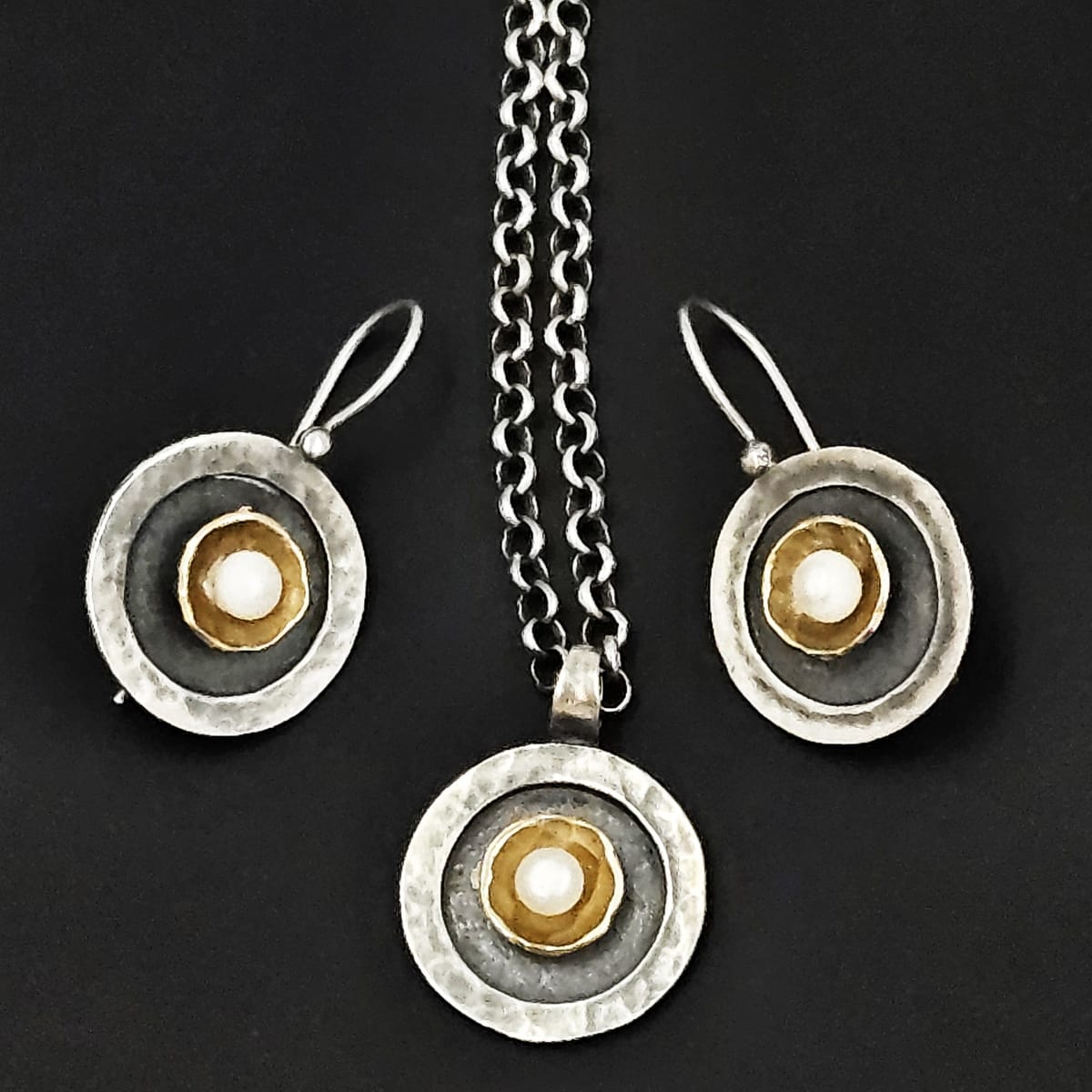 Golan Goldex Jewelry Sterling 14k Pearl Modernist Necklace &amp; Earrings Set by Golan Goldex of Israel