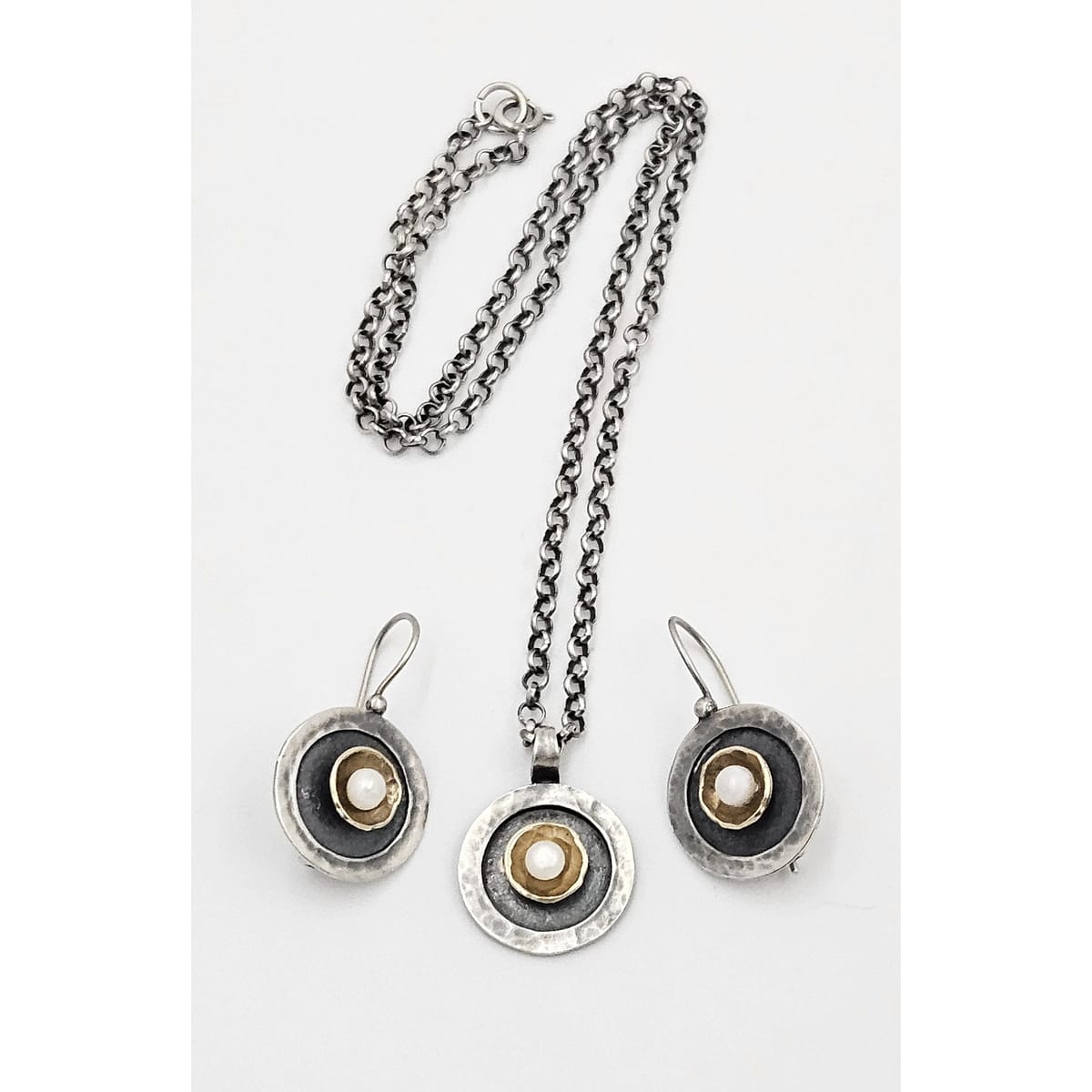 Golan Goldex Jewelry Sterling 14k Pearl Modernist Necklace &amp; Earrings Set by Golan Goldex of Israel