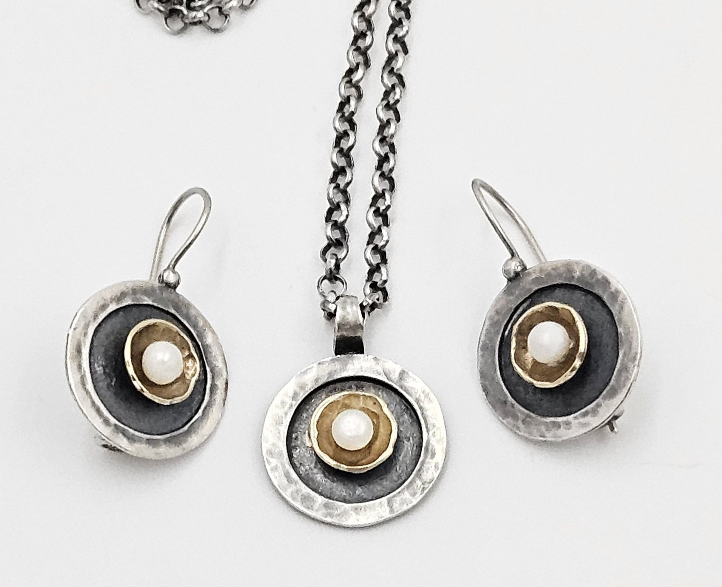 Golan Goldex Jewelry Sterling 14k Pearl Modernist Necklace & Earrings Set by Golan Goldex of Israel