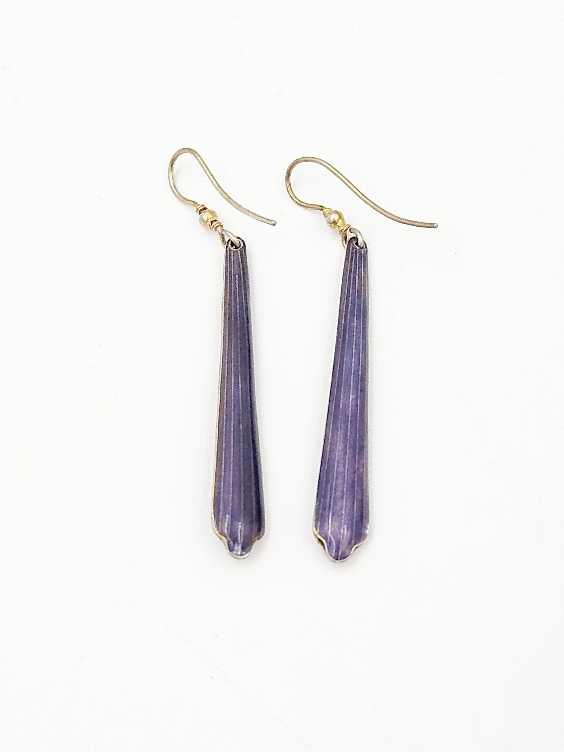 HAN Jewelry Vintage Sterling & Deep Purple Guilloche Enamel Drop Dangle Earrings Circa 1950's