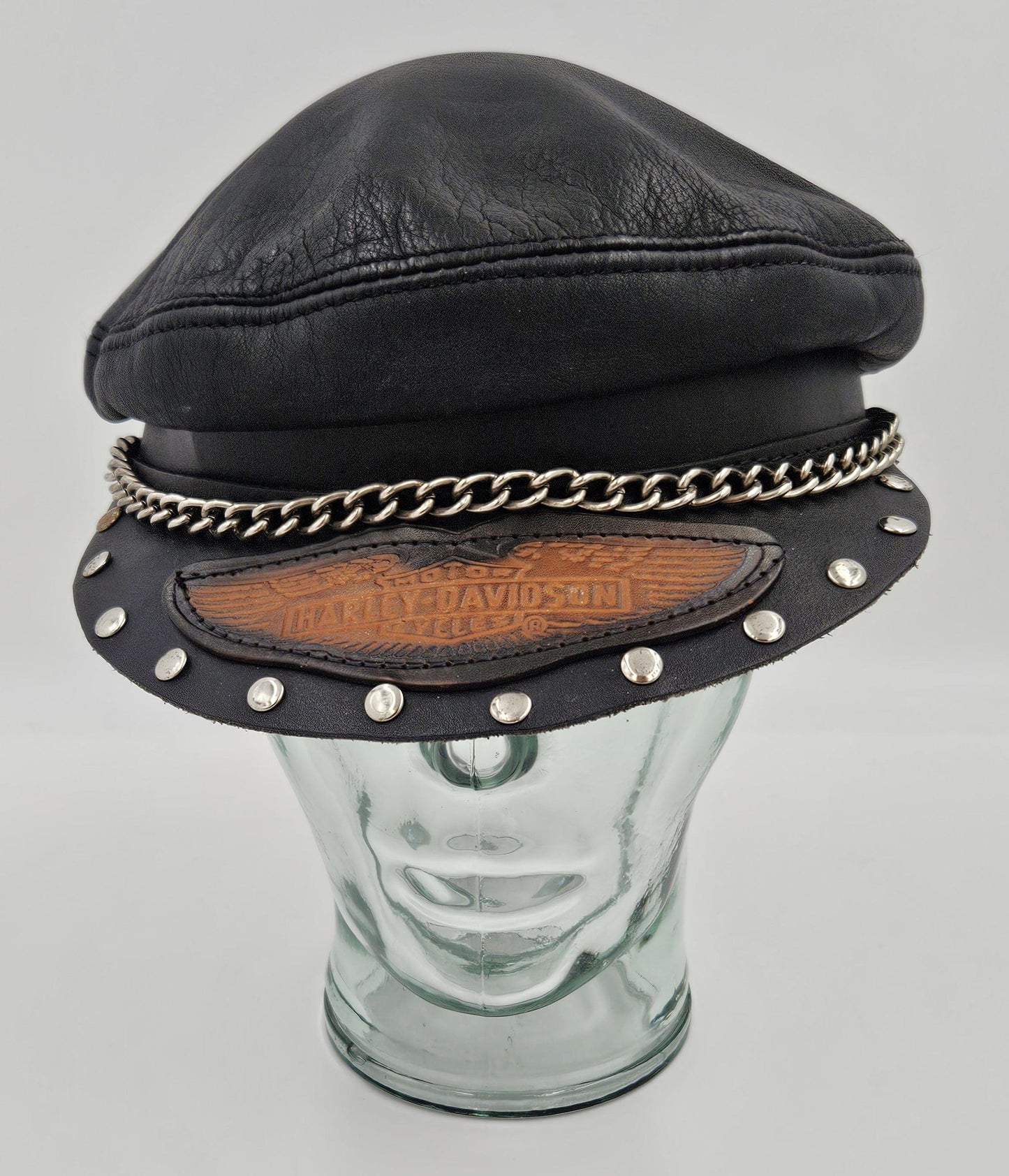 Harley Davidson Hats Original Harley Davidson All Leather & Chain Captains Hat Military Cap 1970's