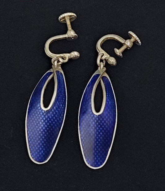 J Tostrup Jewelry Rare J Tostrup Norway Sterling & Guilloche Enamel Dangle Drop Earrings 1950's