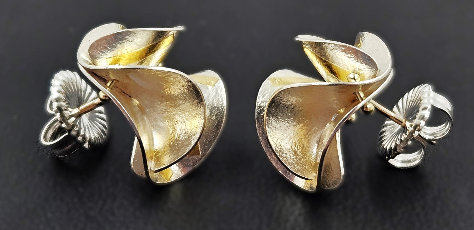 Jayne Redman Jewelry OOAK Designer Jayne Redman 925 18k 14k Modernist 3D Flower Earrings 1990s