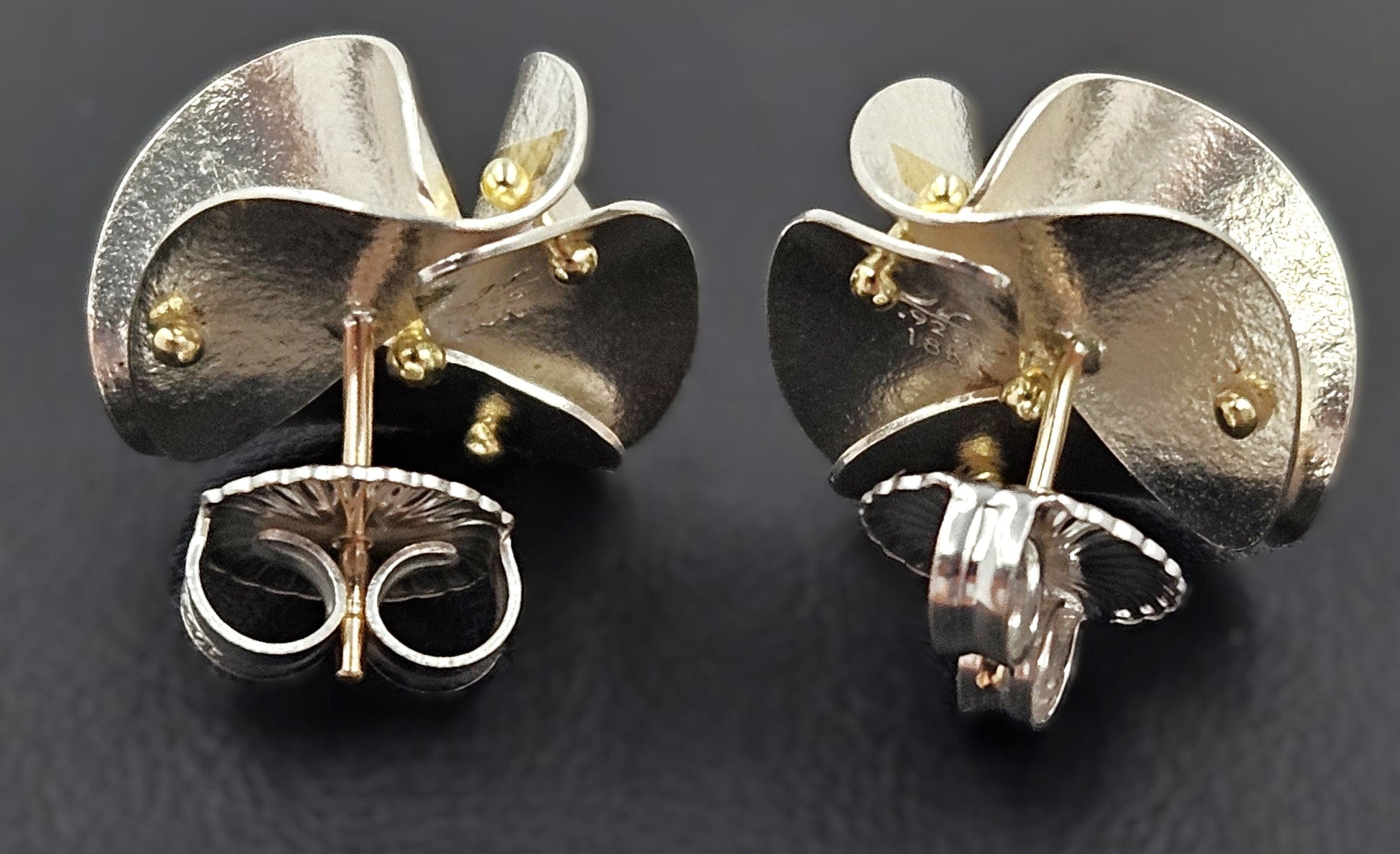 Jayne Redman Jewelry OOAK Designer Jayne Redman 925 18k 14k Modernist 3D Flower Earrings 1990s