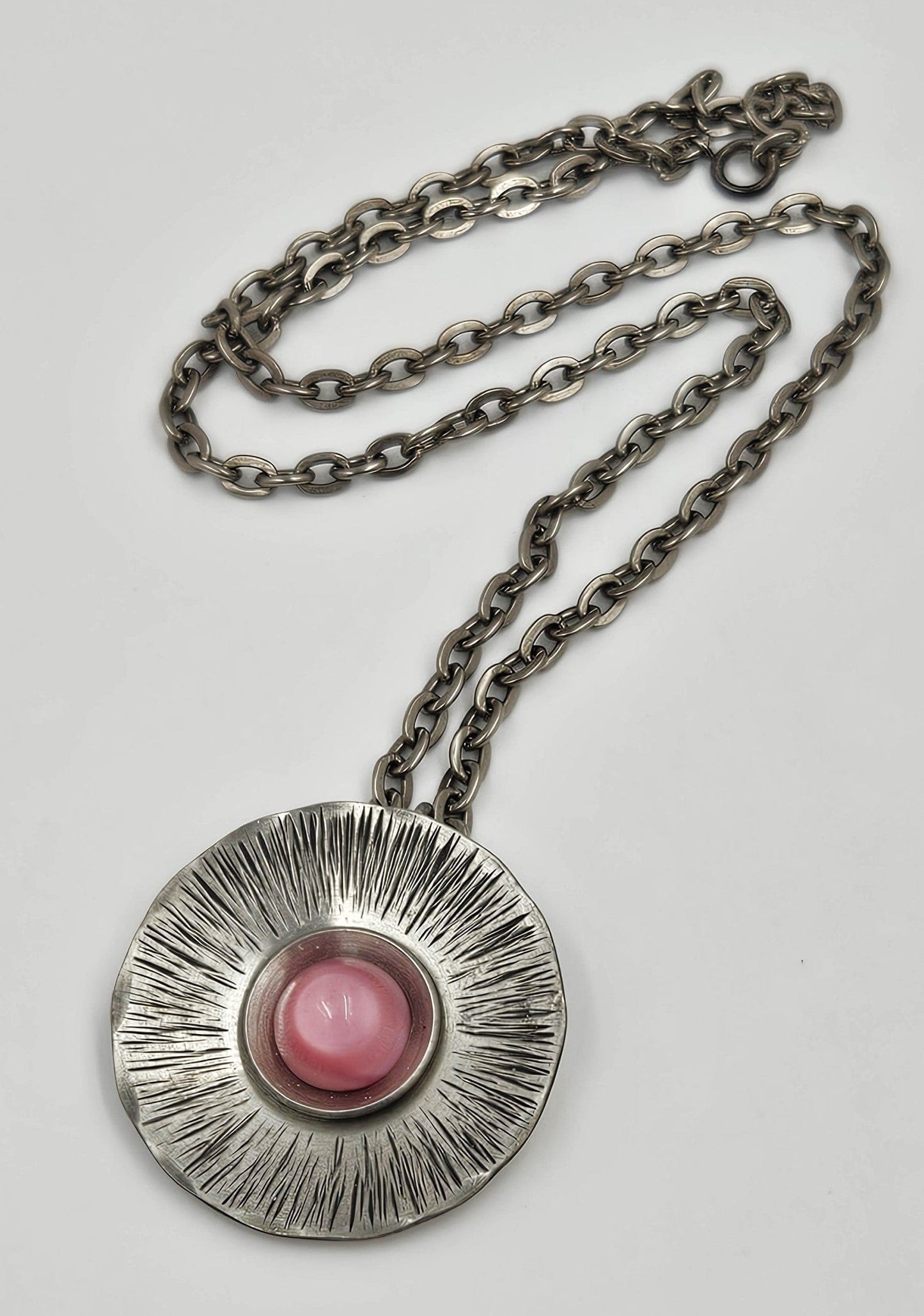 Jdye Art Denmark Jewelry Jdye Art Denmark XL Pewter Pink Glass Modernist Pendant Necklace 60/70s