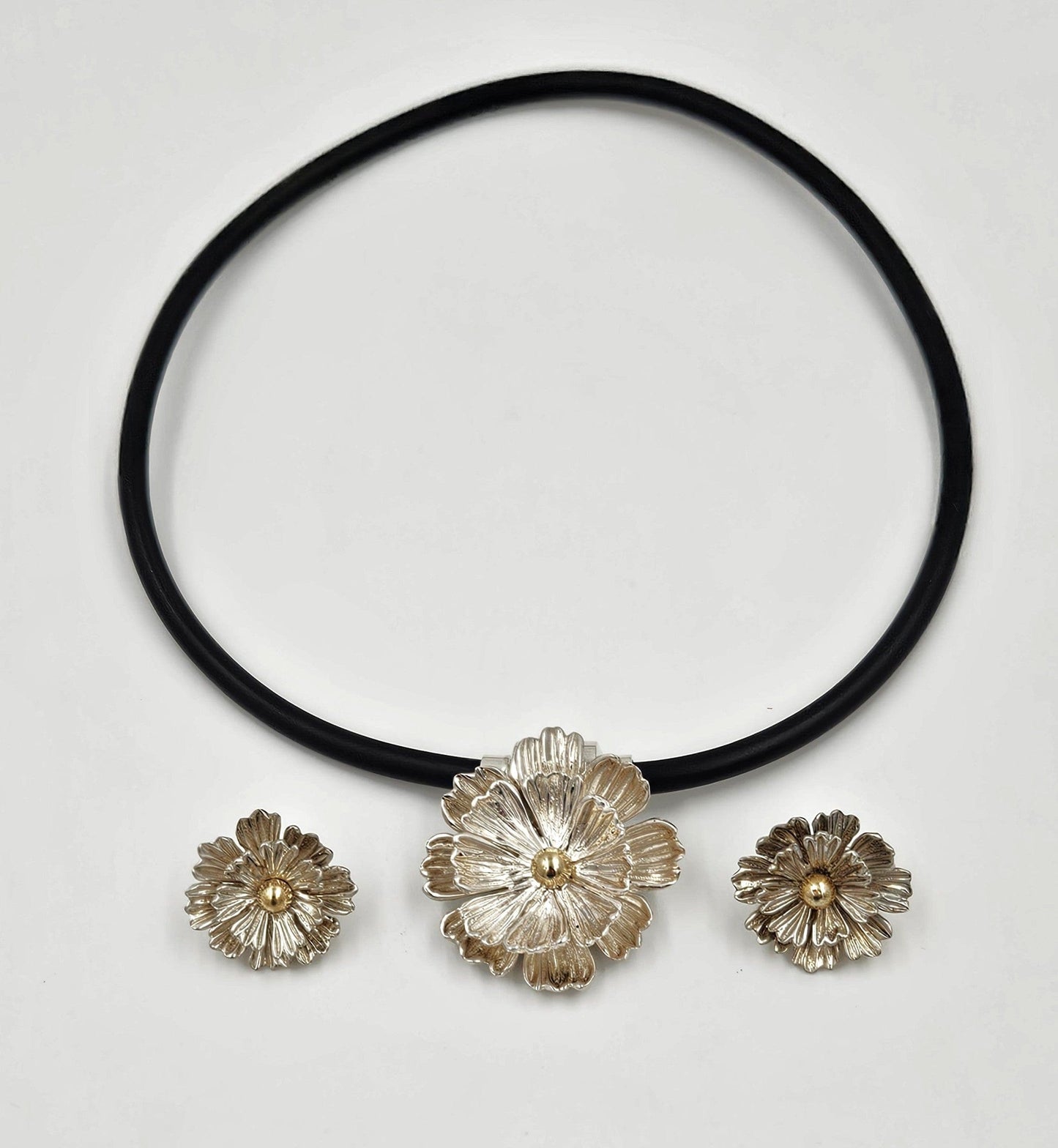 Joseph Esposito Jewelry Designer Joseph Esposito Sterling 14k 3D Flowers Necklace + Earrings Set 90s