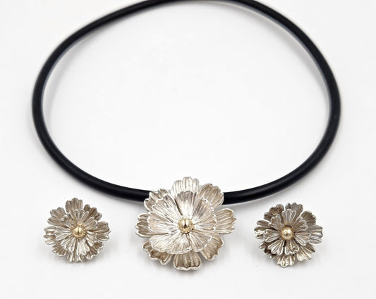 Joseph Esposito Jewelry Designer Joseph Esposito Sterling 14k 3D Flowers Necklace + Earrings Set 90s