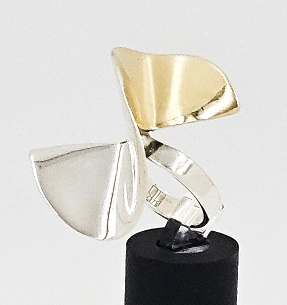 Kaunis Koru Jewelry Designer Finnish Kaunis Koru Sterling & Gold Modernist HUGE Ring 1976