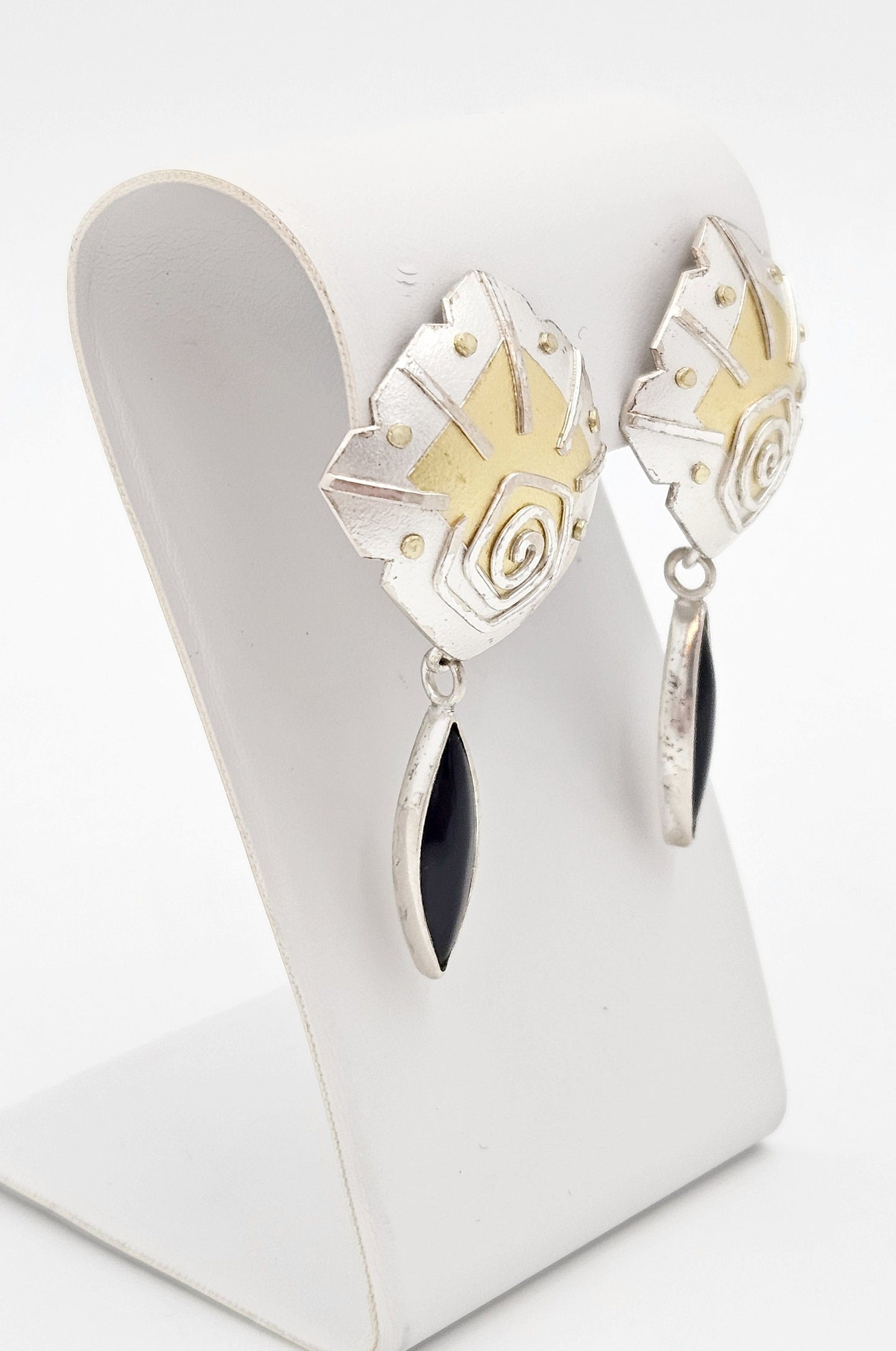 Kenworth Jewelry Artisan Kenworth Sterling 18K 22K Onyx Gold Modernist Drop Dangle Earrings