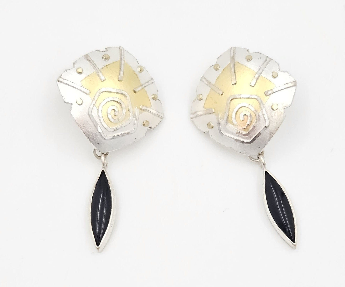 Kenworth Jewelry Artisan Kenworth Sterling 18K 22K Onyx Gold Modernist Drop Dangle Earrings