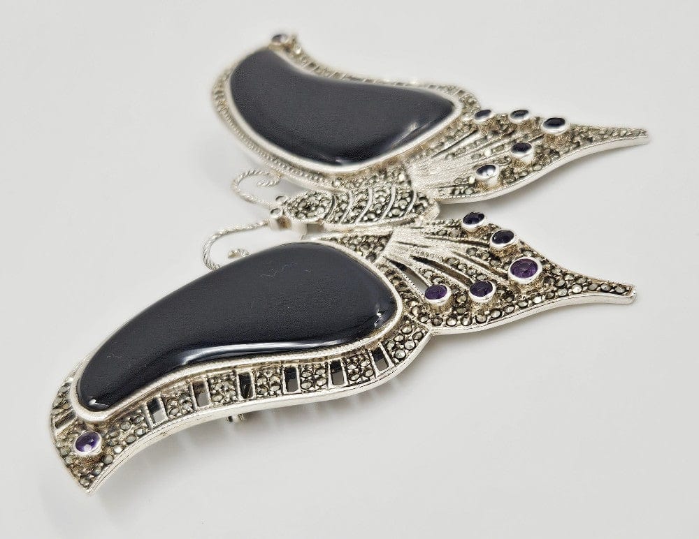 LaRose Ganadonegro Jewelry Wow! Designer HJ Sterling Marcasite Onyx Amethyst Huge Butterfly Brooch