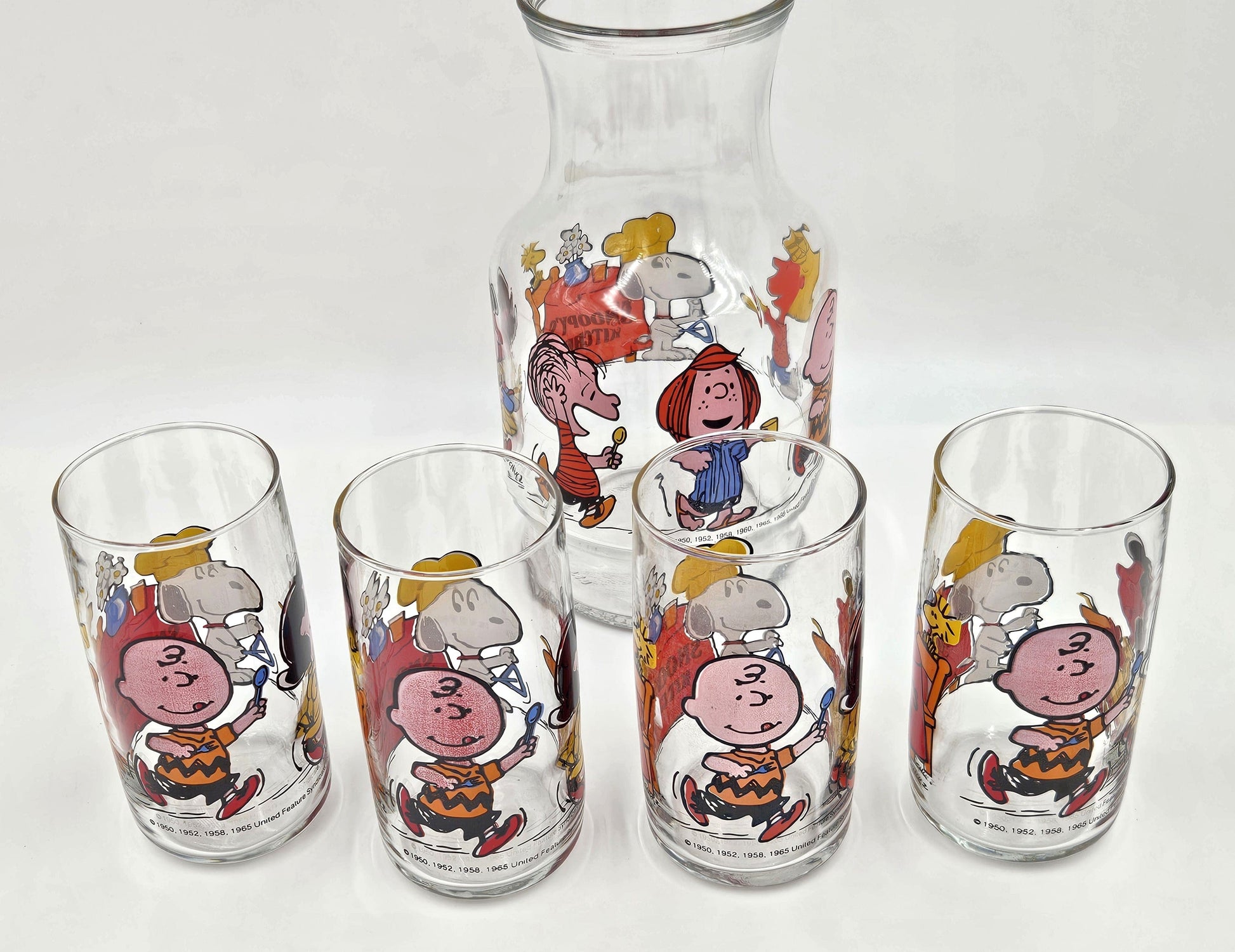 Libbey Barware UFS Charles Schultz Peanuts Snoopy's Kitchen Carafe Glassware Set 1965/66