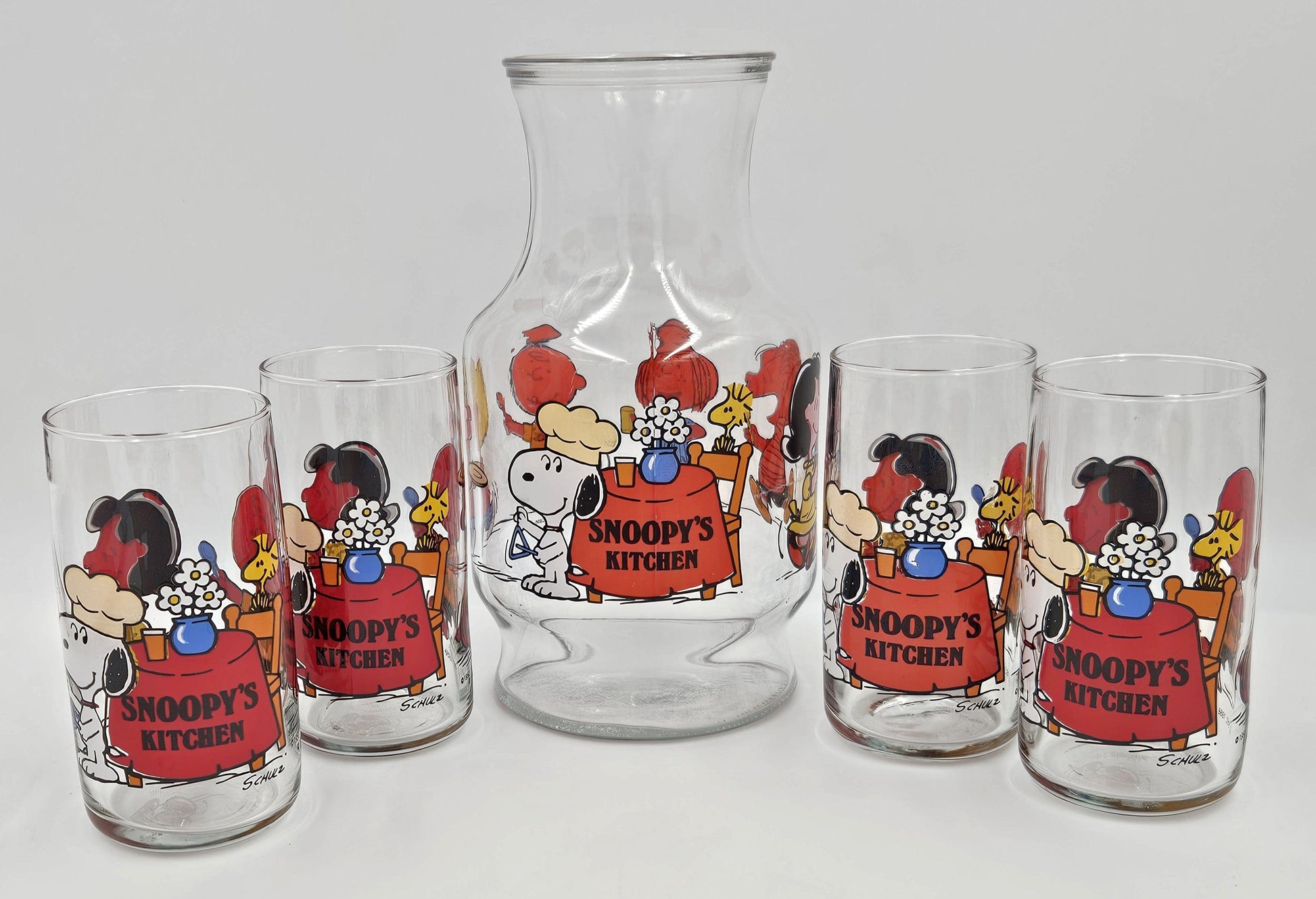 Libbey Barware UFS Charles Schultz Peanuts Snoopy's Kitchen Carafe Glassware Set 1965/66