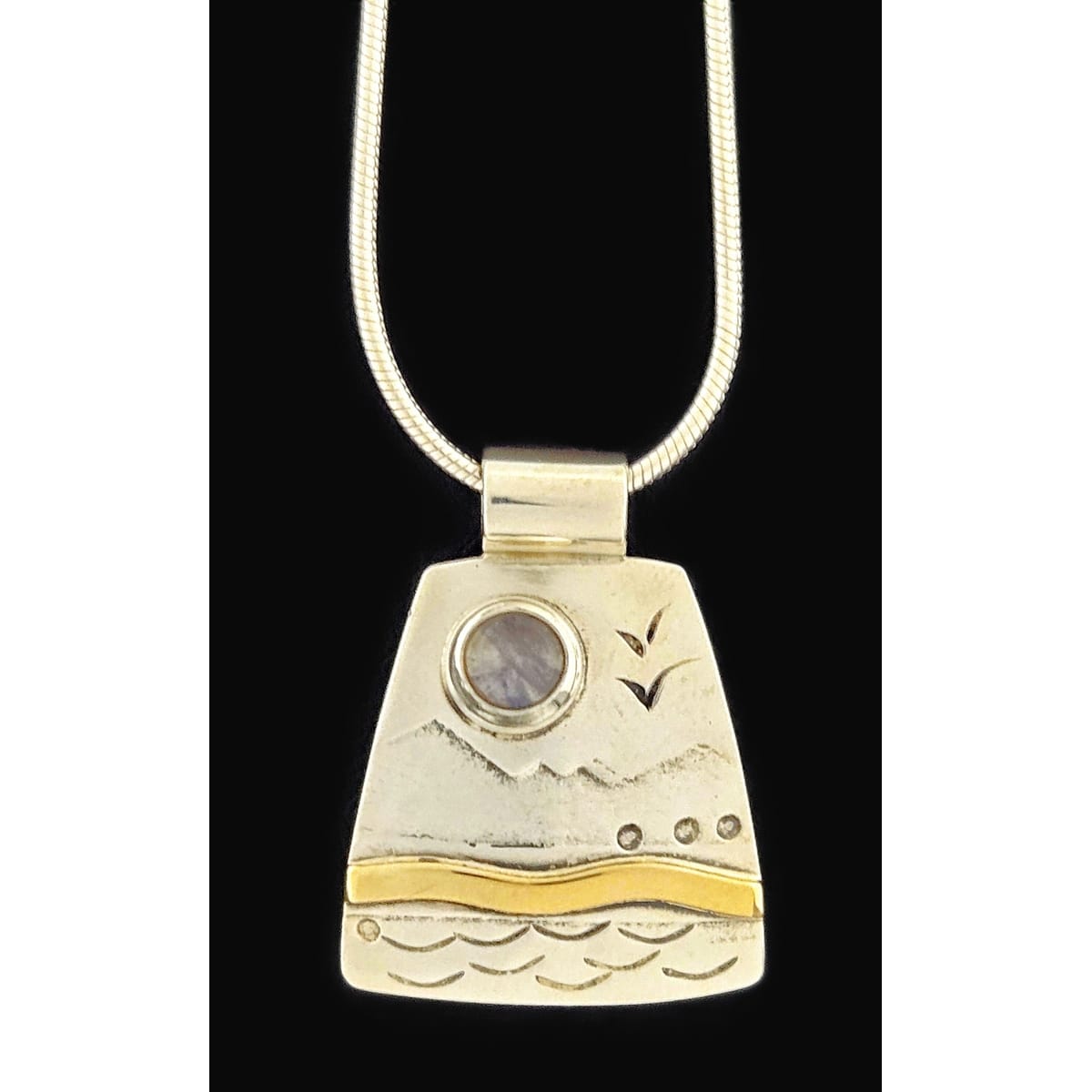 LM Artisan Sterling Necklace Jewelry Sterling &amp; Gold Moonstone Abstract Modernist Pendant Necklace Signed LM