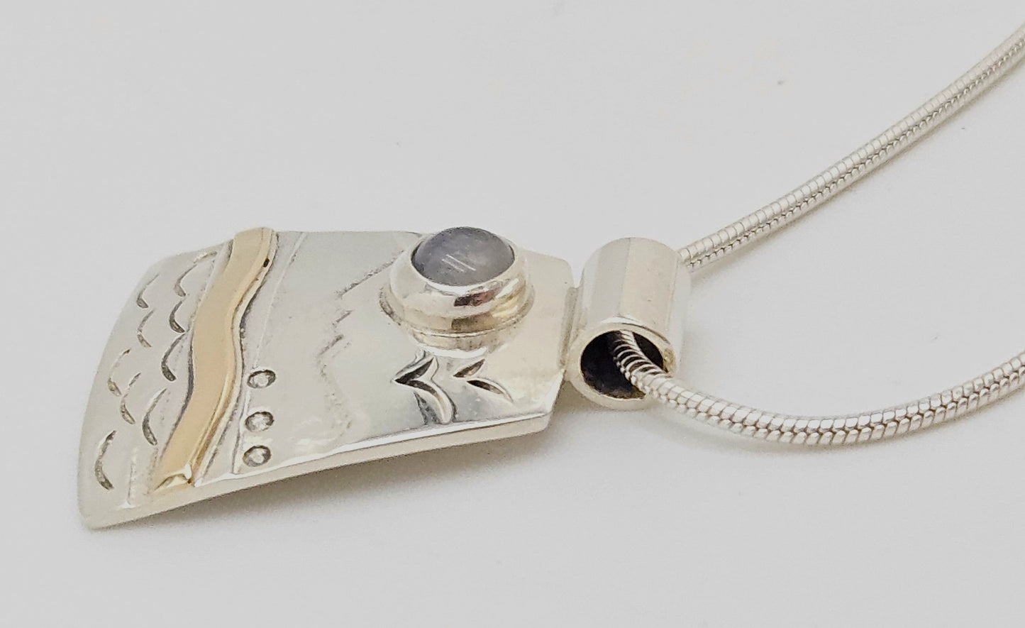 LM Artisan Sterling Necklace Jewelry Sterling & Gold Moonstone Abstract Modernist Pendant Necklace Signed LM