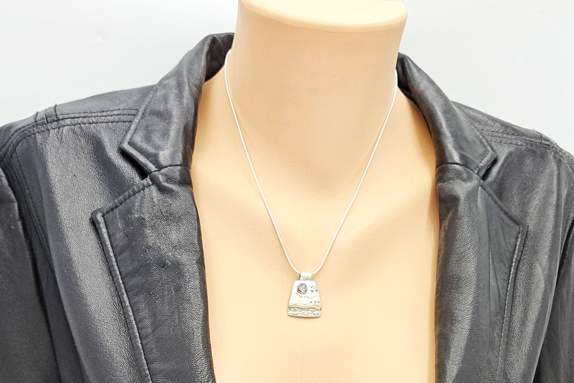 LM Artisan Sterling Necklace Jewelry Sterling & Gold Moonstone Abstract Modernist Pendant Necklace Signed LM