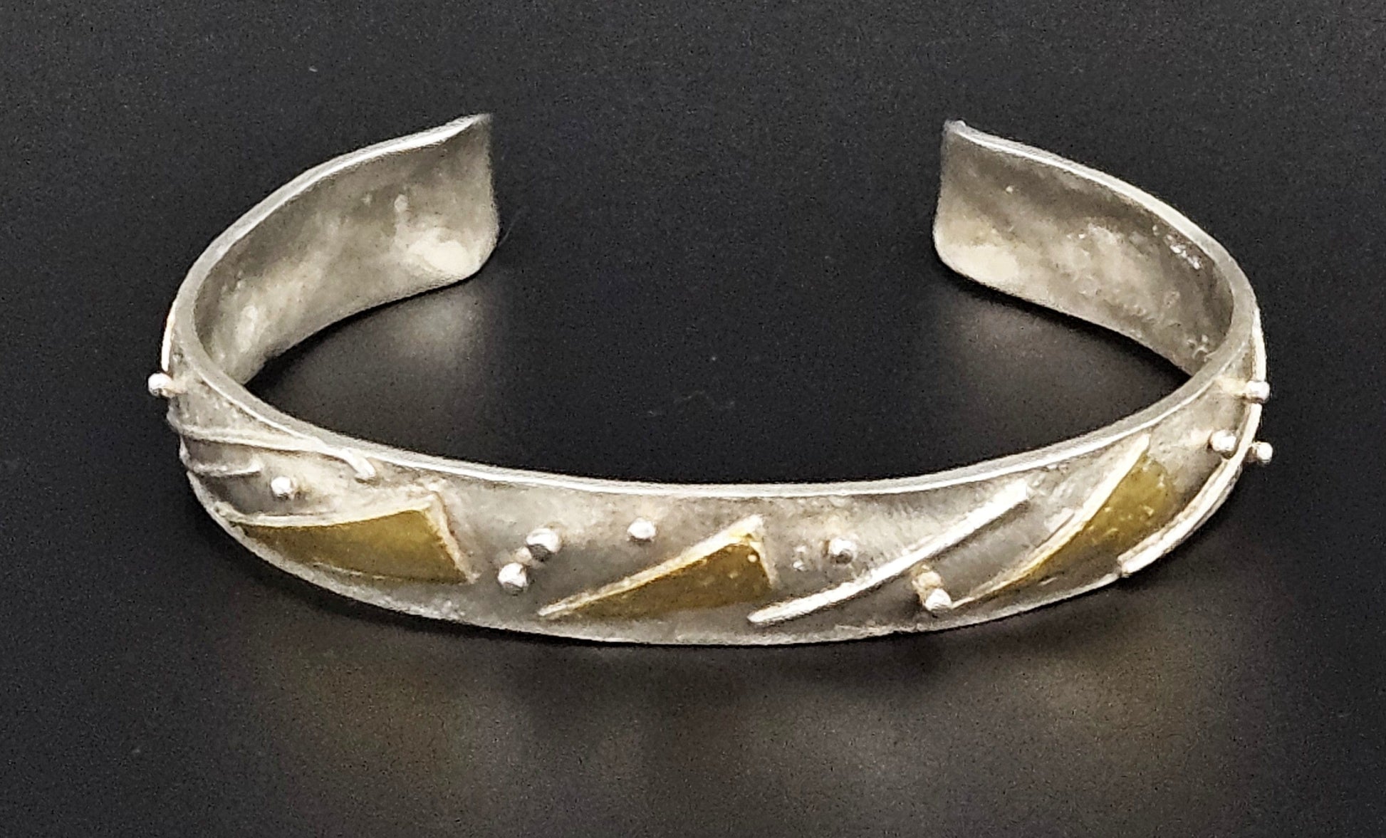 Margaret Francis Jewelry VTG Sterling & Gold Artisan Signed Margaret Francis Abstract Modernist Cuff