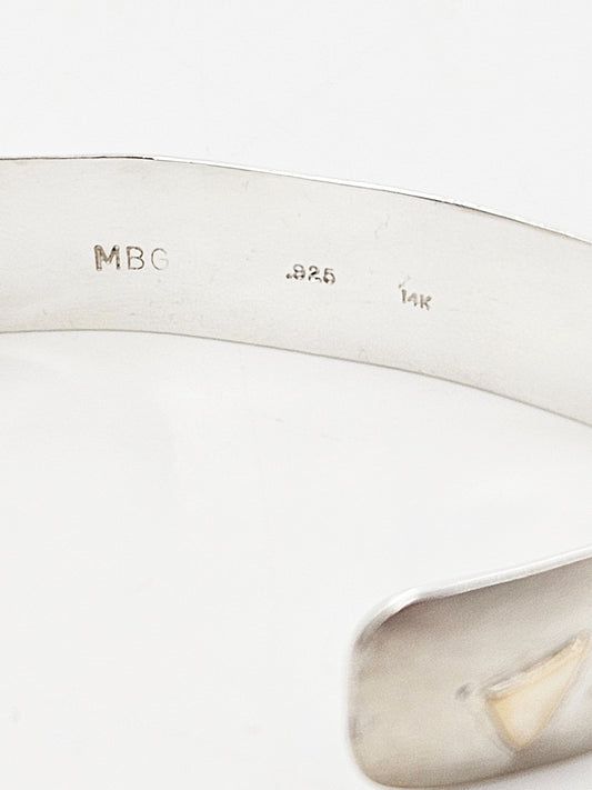 MBG Jewelry Sterling & 14k Gold Artisan Signed MBG Modernist Cuff Bracelet