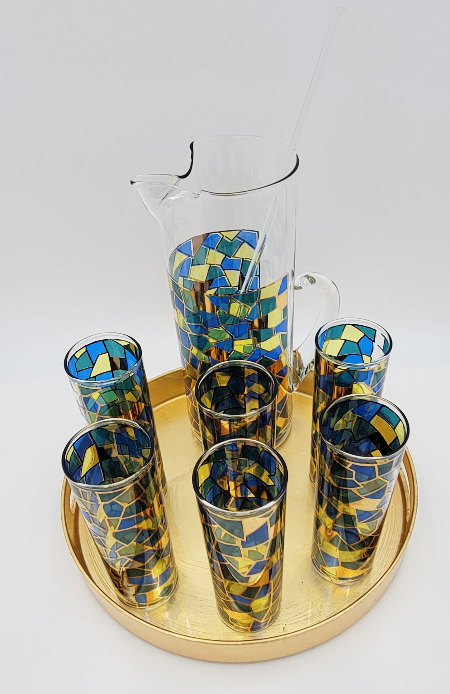 MCM Barware Barware MCM Tall Pitcher with 6 Matching Collins Glasses and Metallic Gold Tray Set