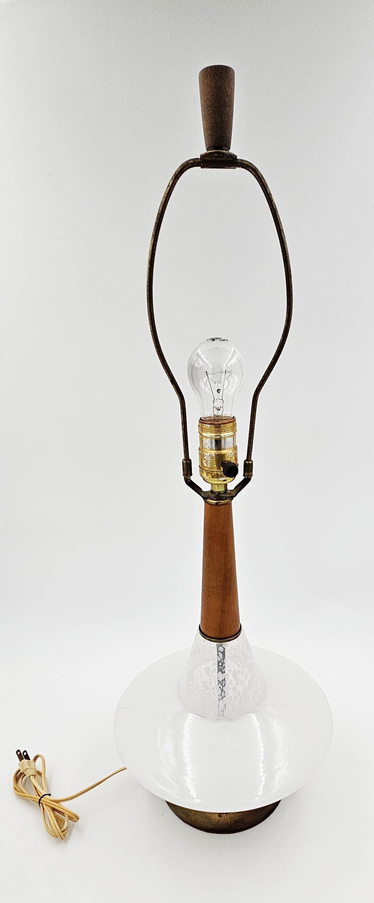 MCM Glass and Teak Lamp Lighting Scandinavian Style White Blown Glass & Teak Table Lamp Lighted Base 50/60s