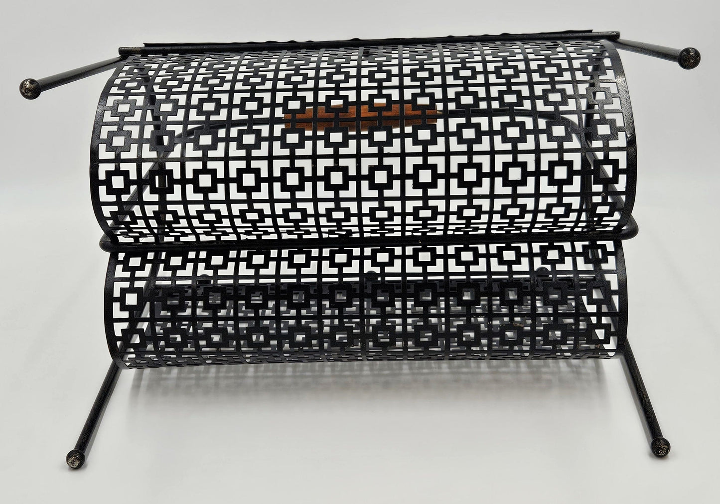 MCM Magazine Rack Magazine Rack Fabulous 1950s Mod Patterned Black Steel Double Magazine LP Record Holder